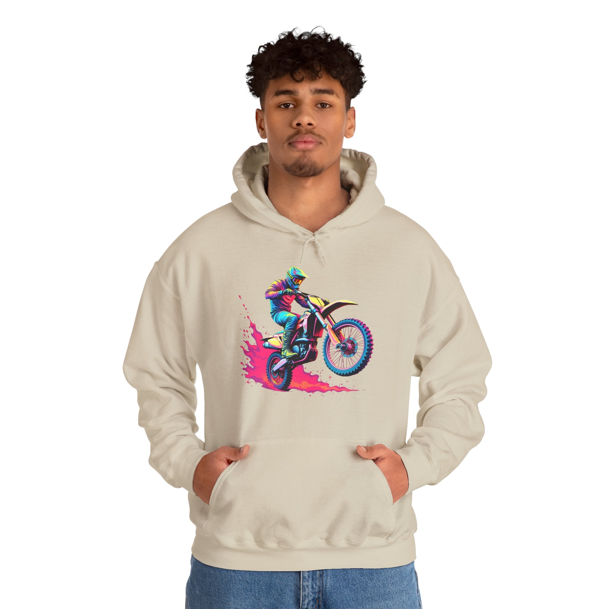 Person wearing a beige hoodie with a graphic of a person on a motorcycle