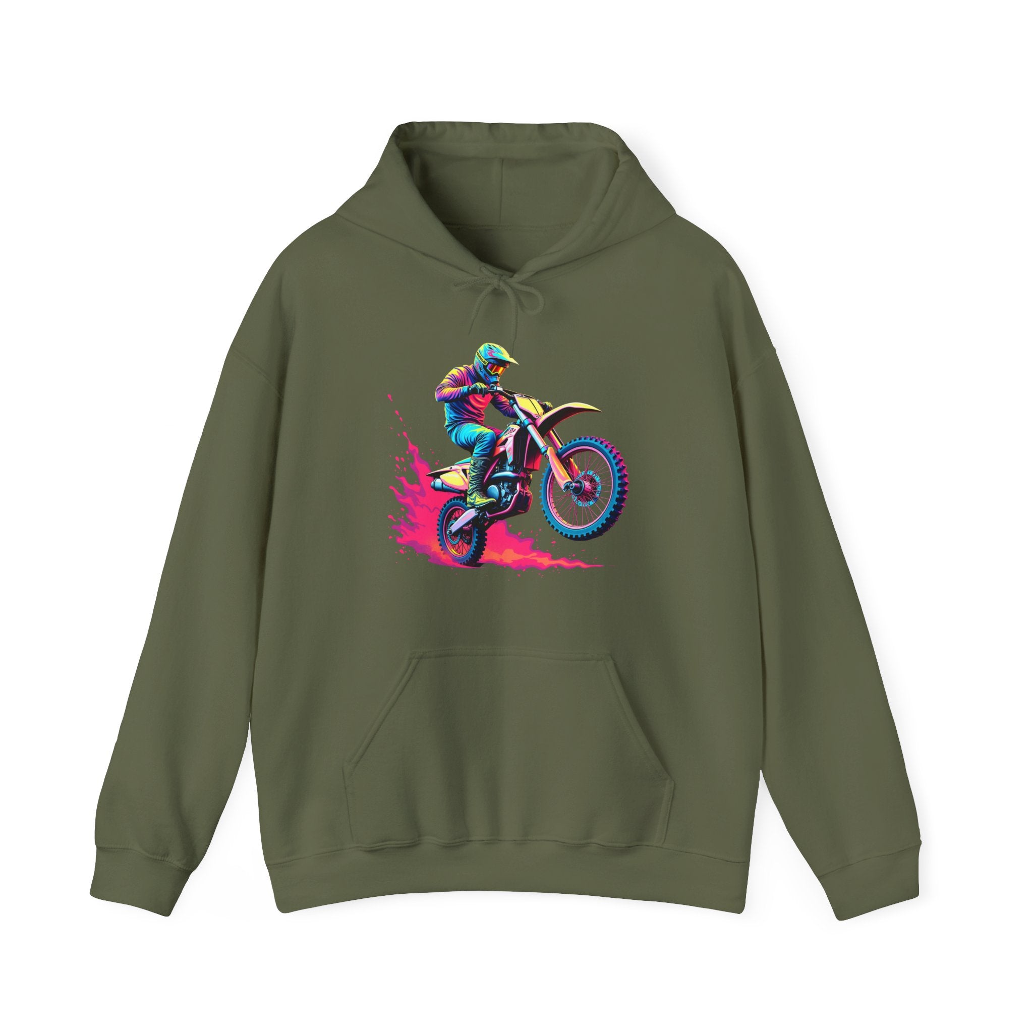 Military green hoodie with a colorful graphic of a motocross rider on a white background
