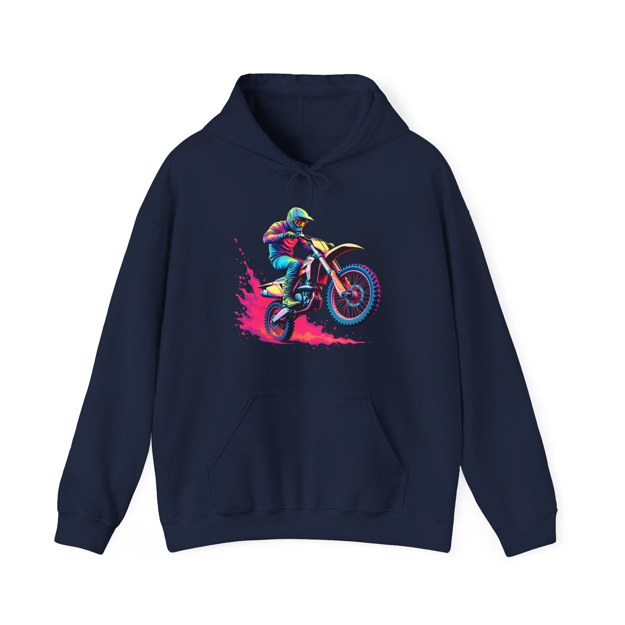 Navy blue hoodie with a colorful graphic of a motocross rider on a white background