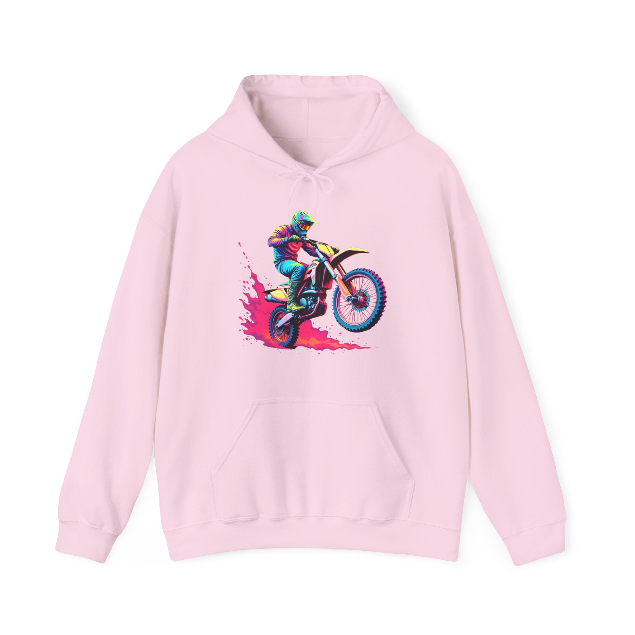 Pink hoodie with a colorful graphic of a person on a motorcycle on a white background