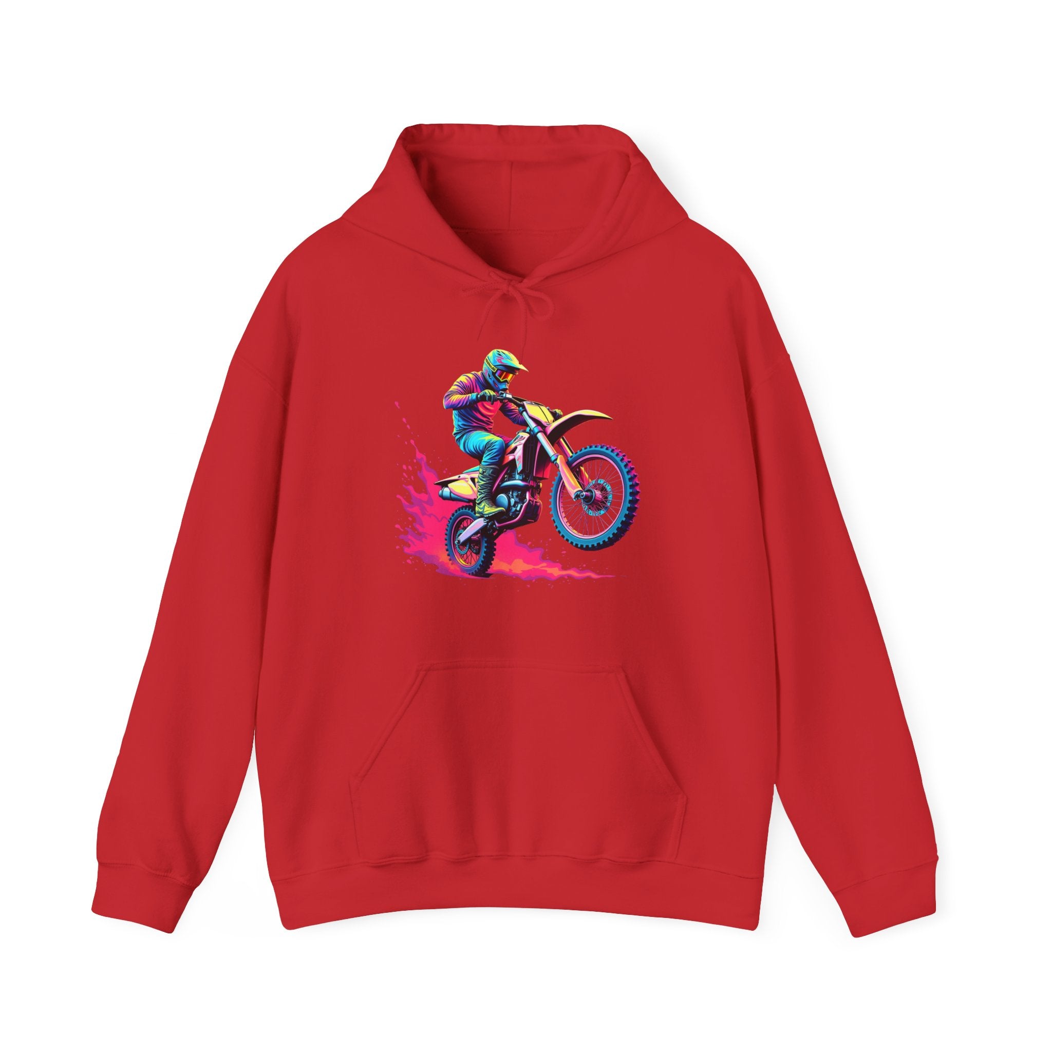 Red hoodie with a graphic of a person on a motorcycle on a white background