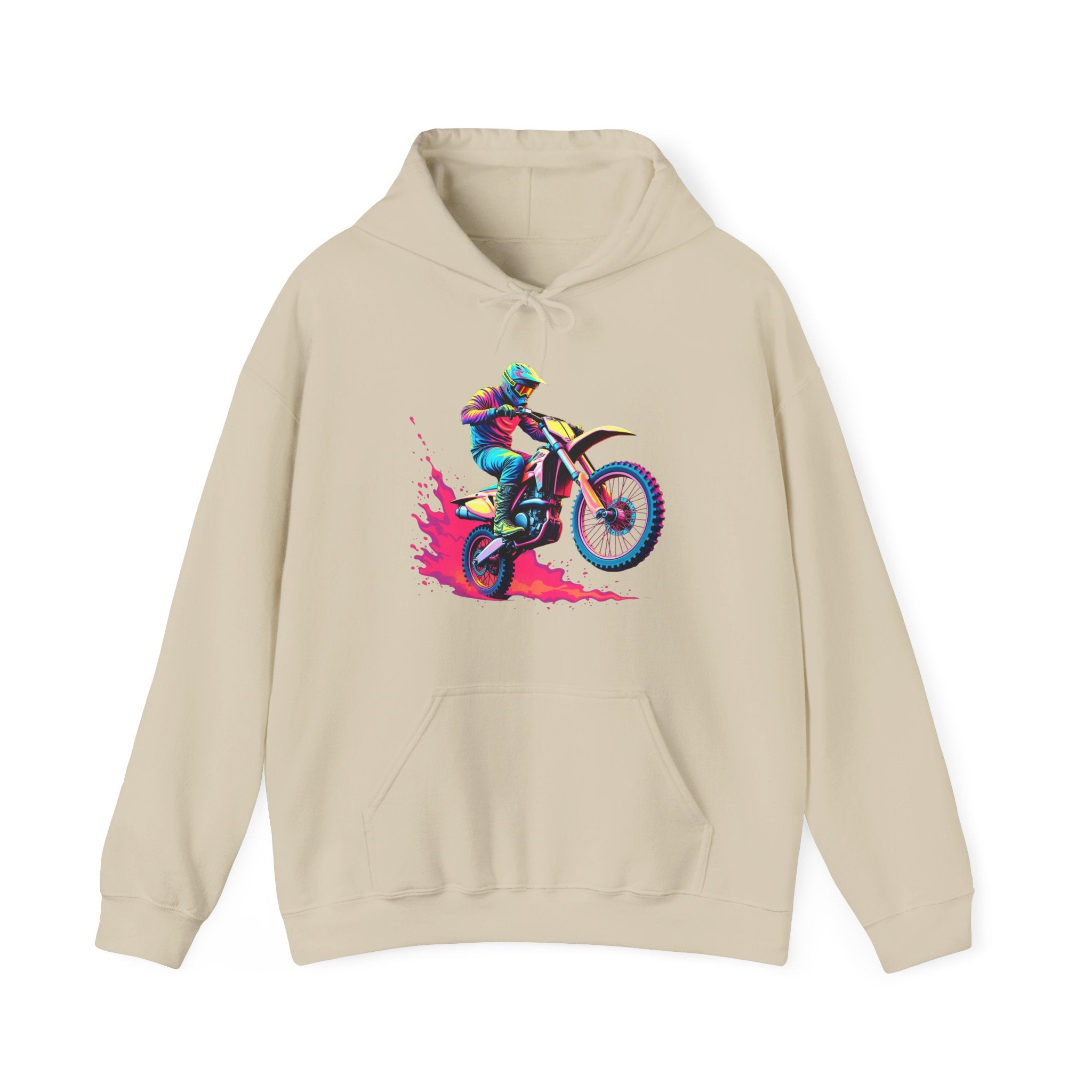 Beige hoodie with a colorful graphic of a person on a motorcycle on a white background