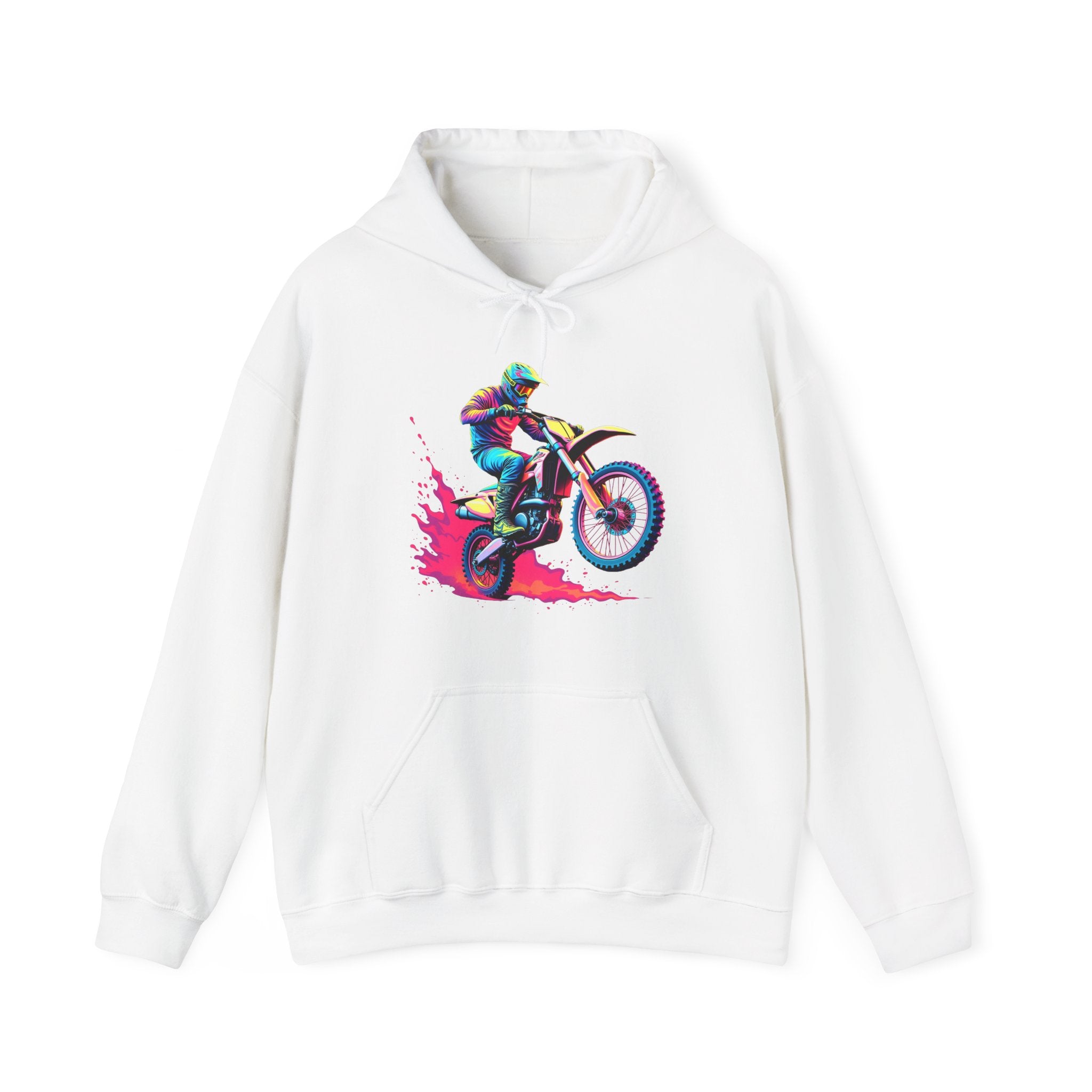White hoodie with a colorful graphic of a person on a motorcycle on a white background