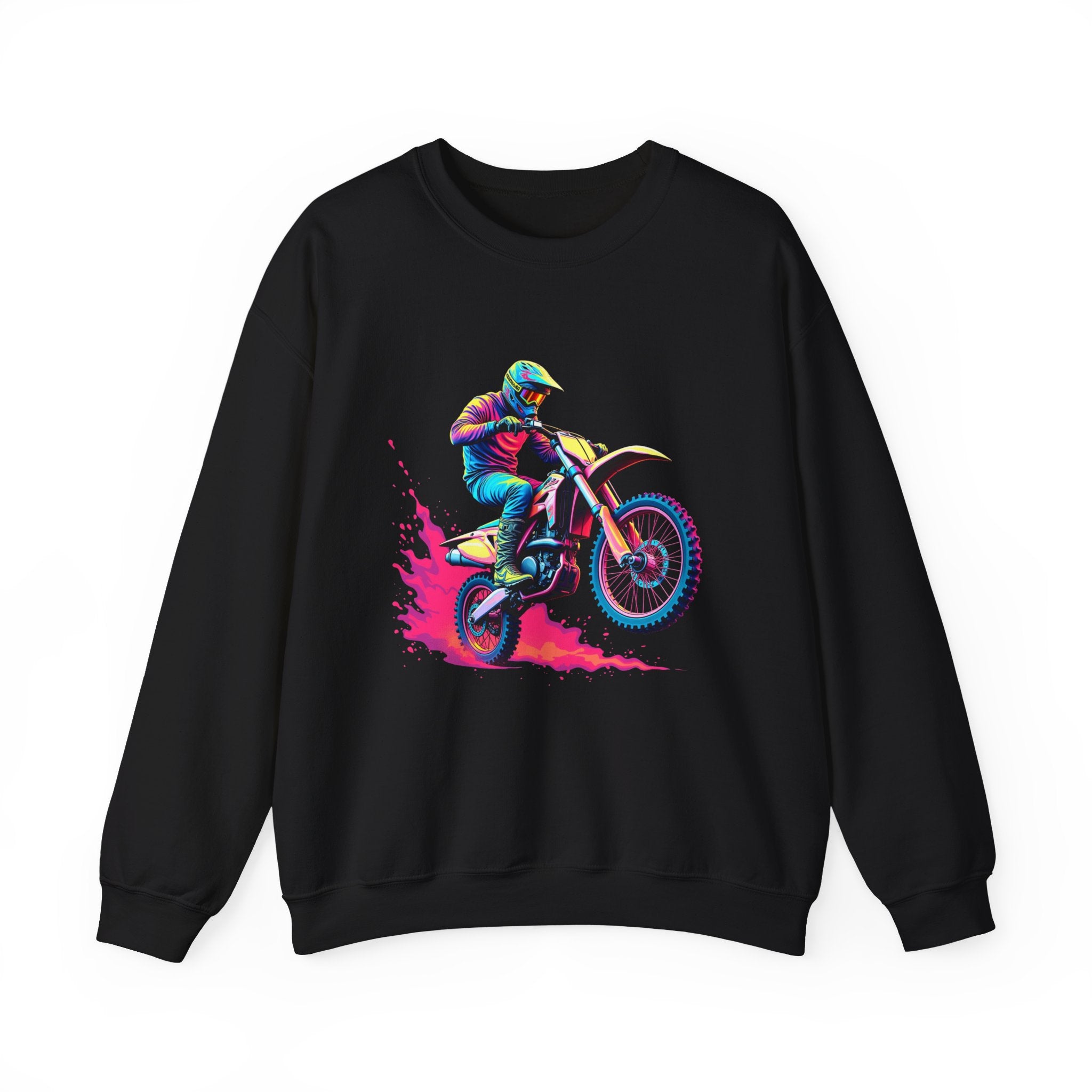 Black sweatshirt with a colorful graphic of a motocross rider on a white background