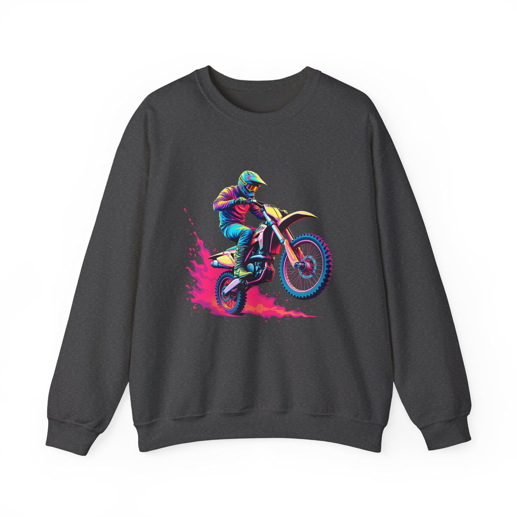 Dark Heather gray sweatshirt with a colorful graphic of a person on a motorcycle on a white background
