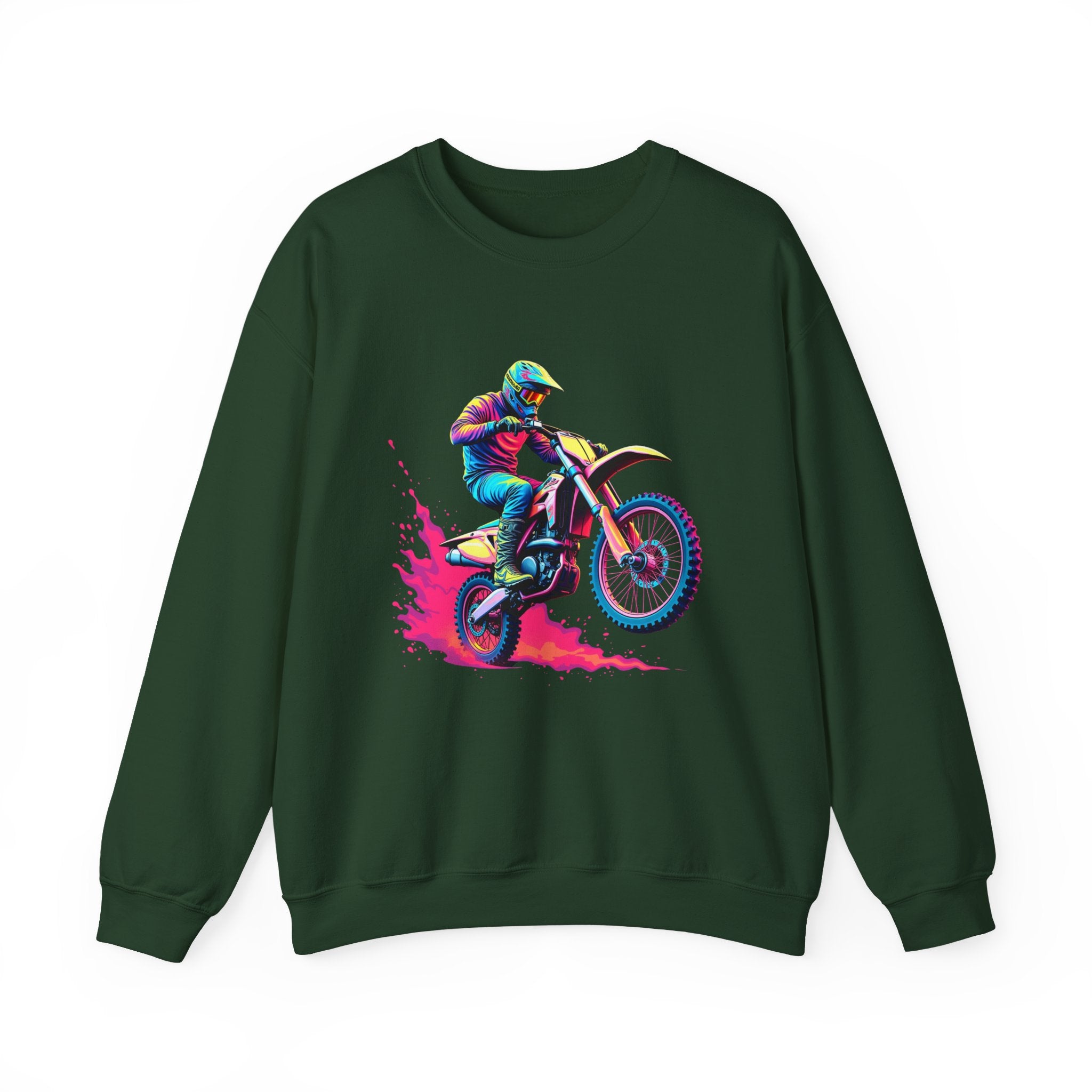 Forest green sweatshirt with a colorful graphic of a person on a motorcycle on a white background