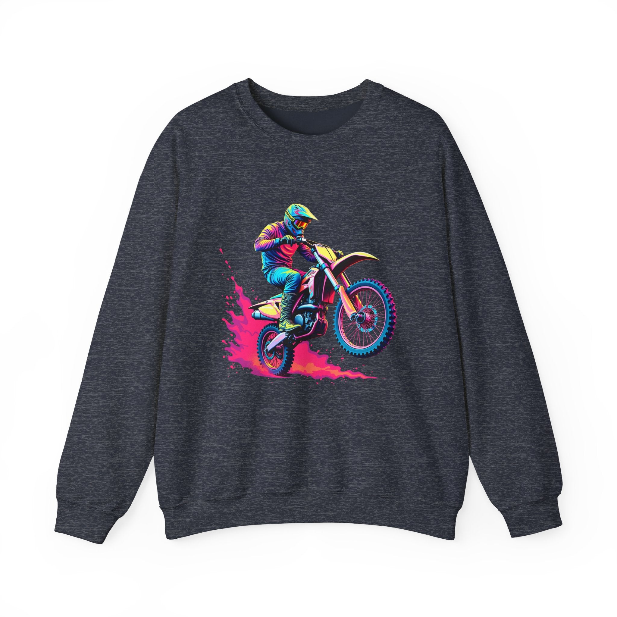 Heather sport dark navy gray sweatshirt with a colorful graphic of a motocross rider on a white background