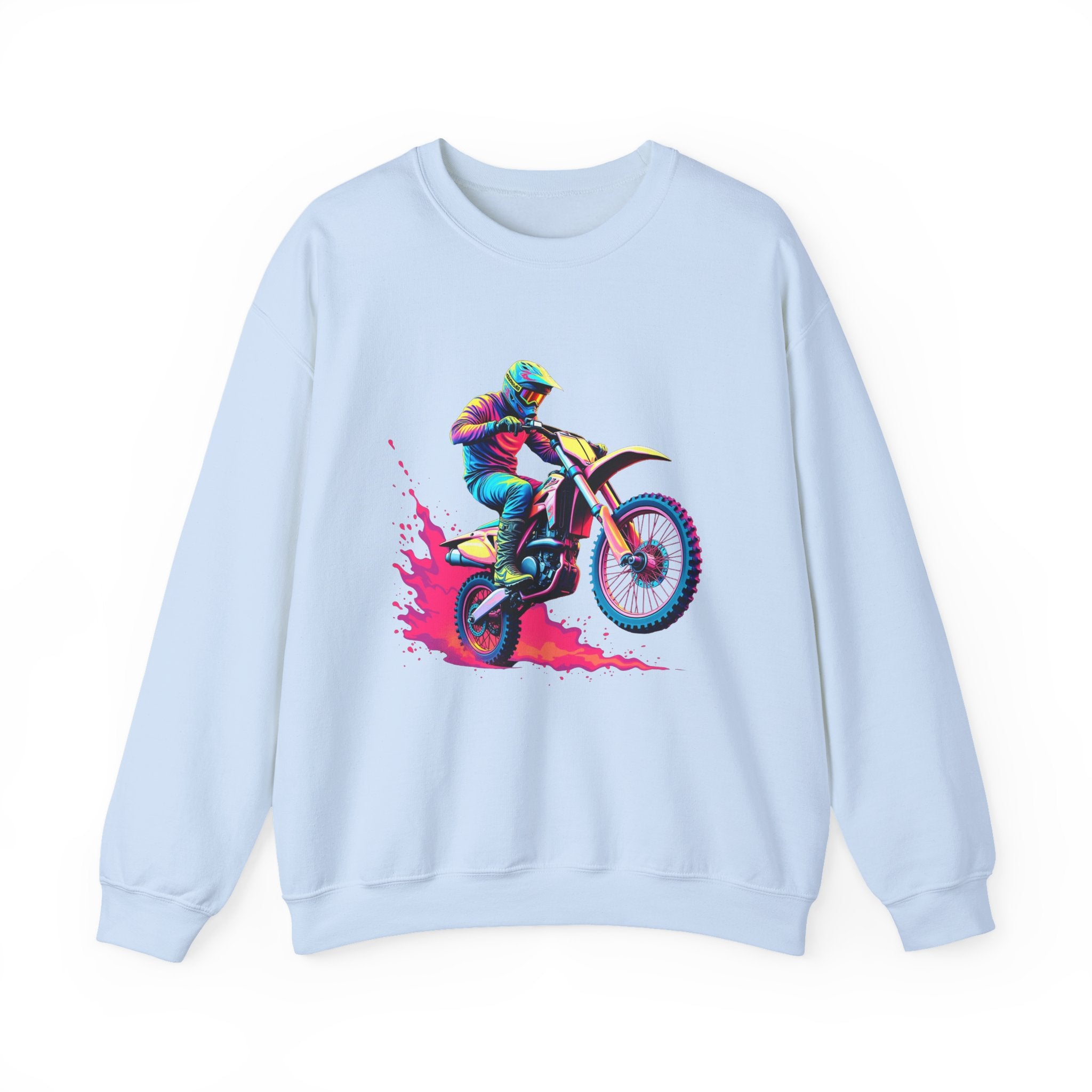Light blue sweatshirt with a colorful graphic of a person on a motorcycle on a white background
