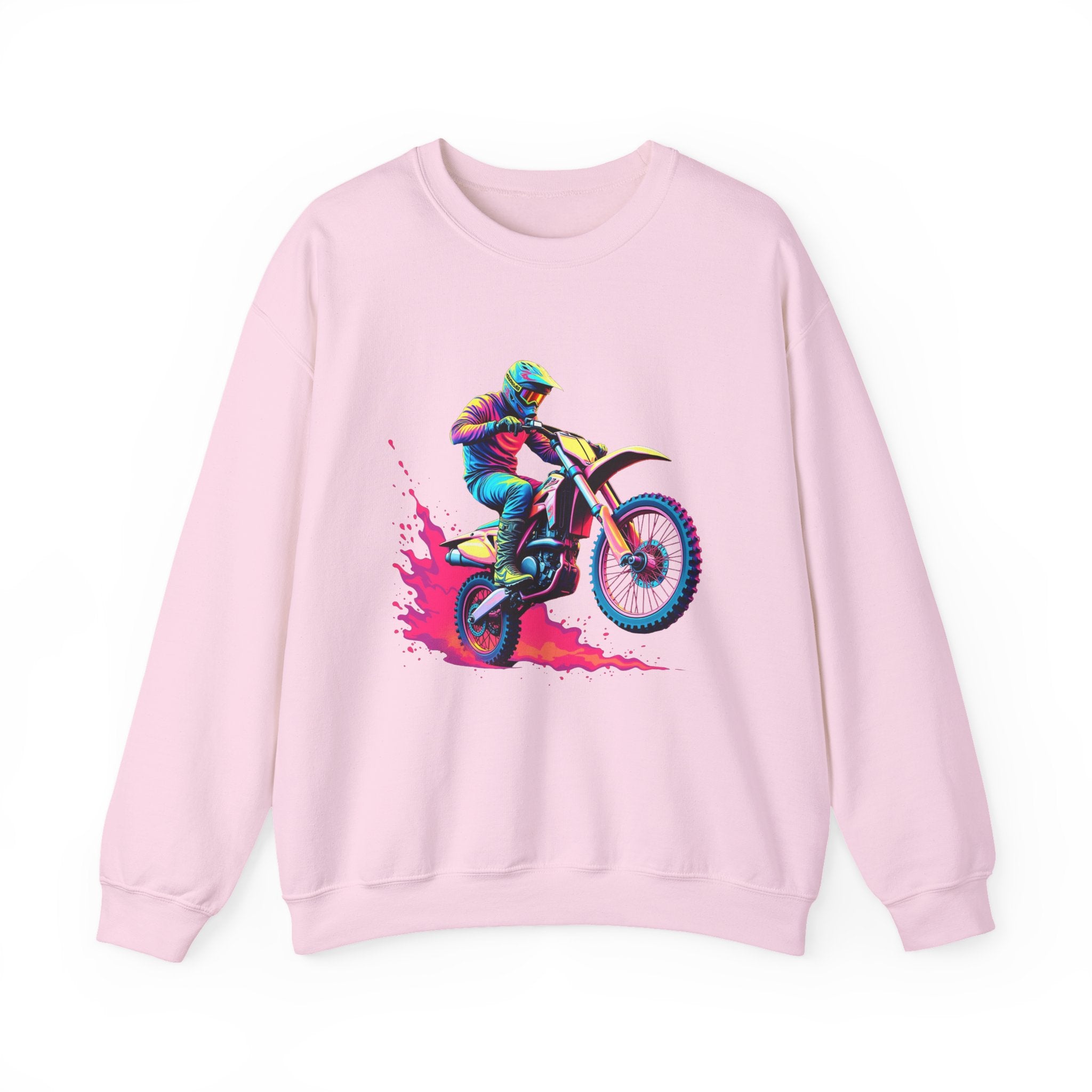 Light pink sweatshirt with a graphic of a person on a motorcycle on a white background