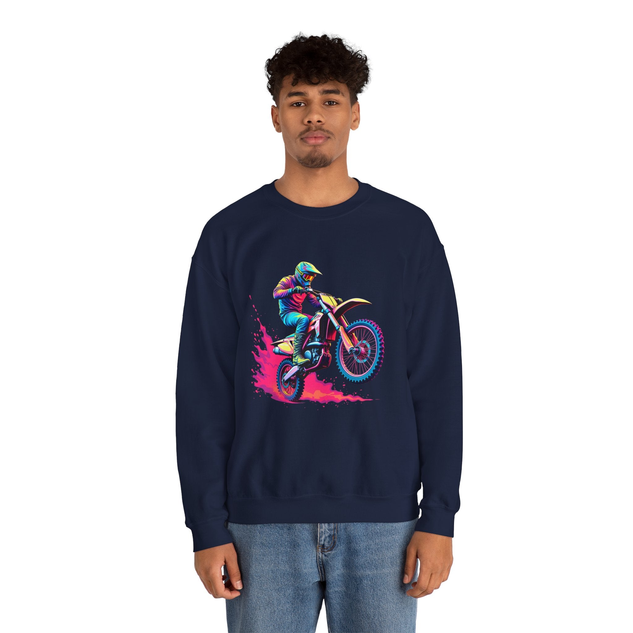 Person wearing a navy blue sweatshirt with a colorful graphic of a person on a motorcycle.