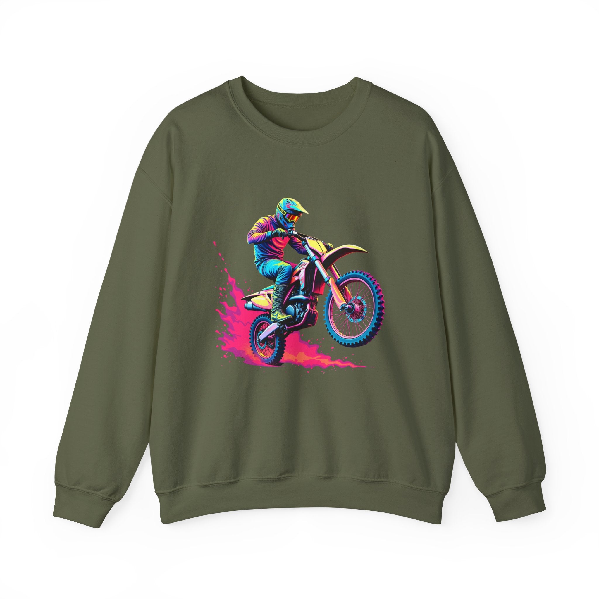 Military green sweatshirt with a colorful graphic of a motocross rider on a bike.