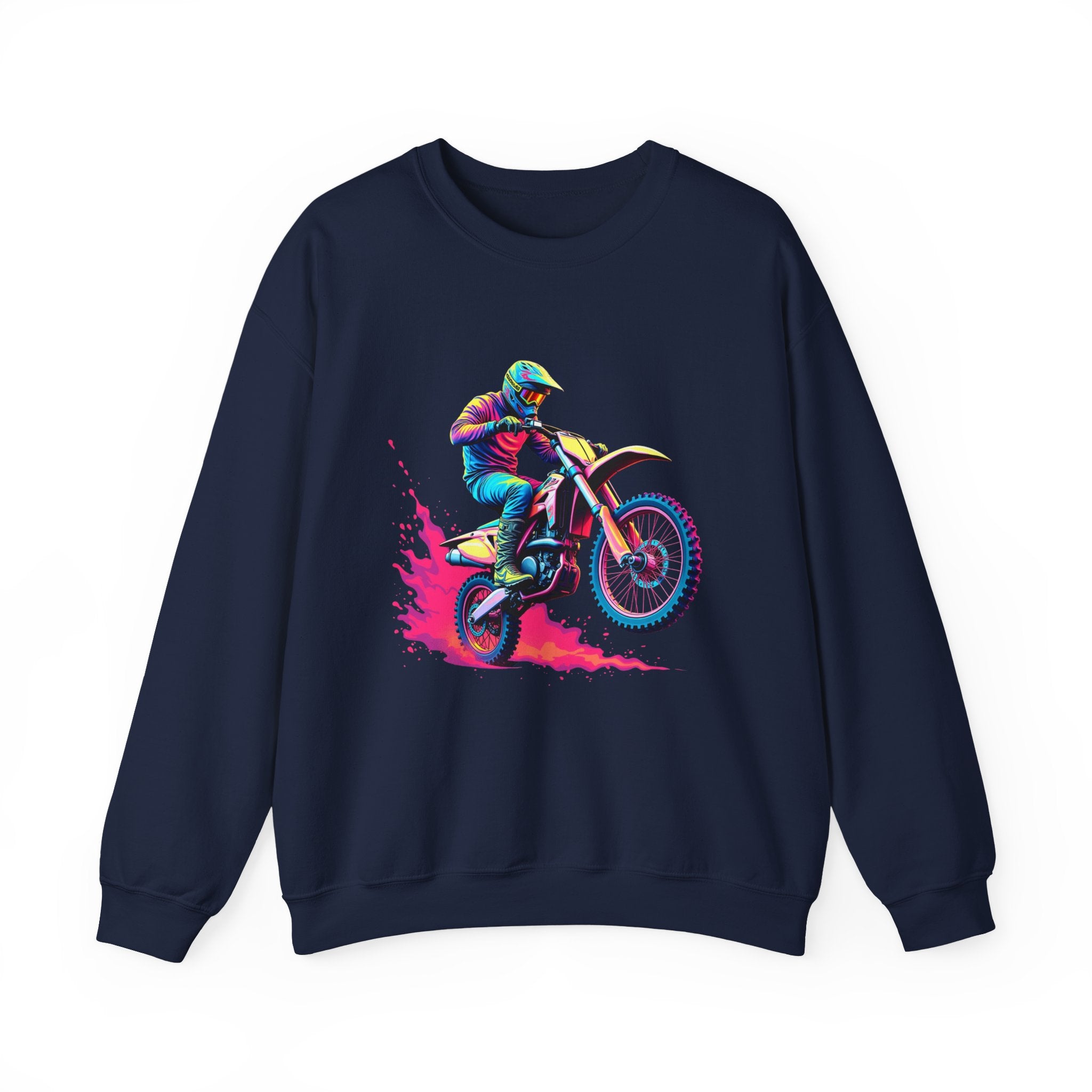 Navy blue sweatshirt with a colorful graphic of a motocross rider on a white background