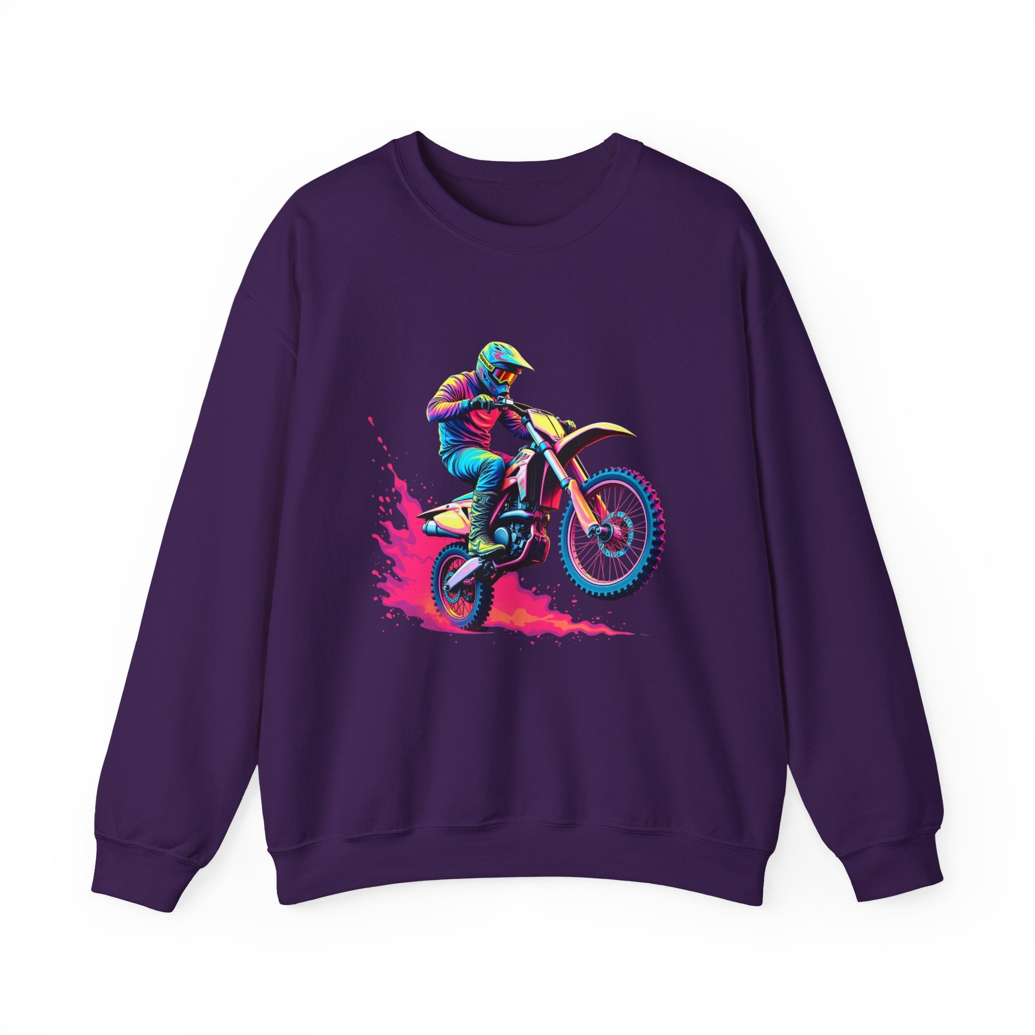 Purple sweatshirt with a colorful graphic of a motocross rider on a white background