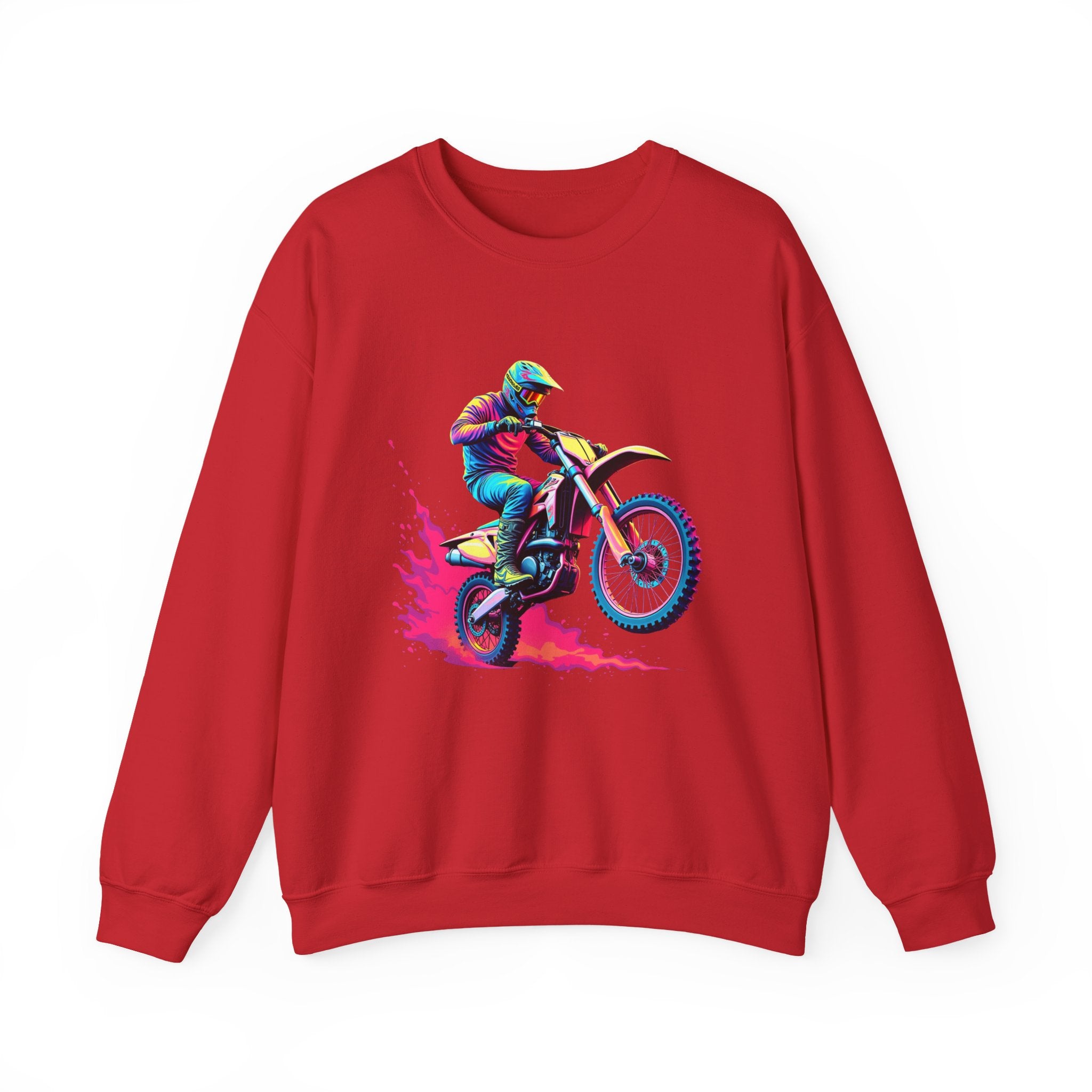 Red sweatshirt with a graphic of a person on a motorcycle on a white background