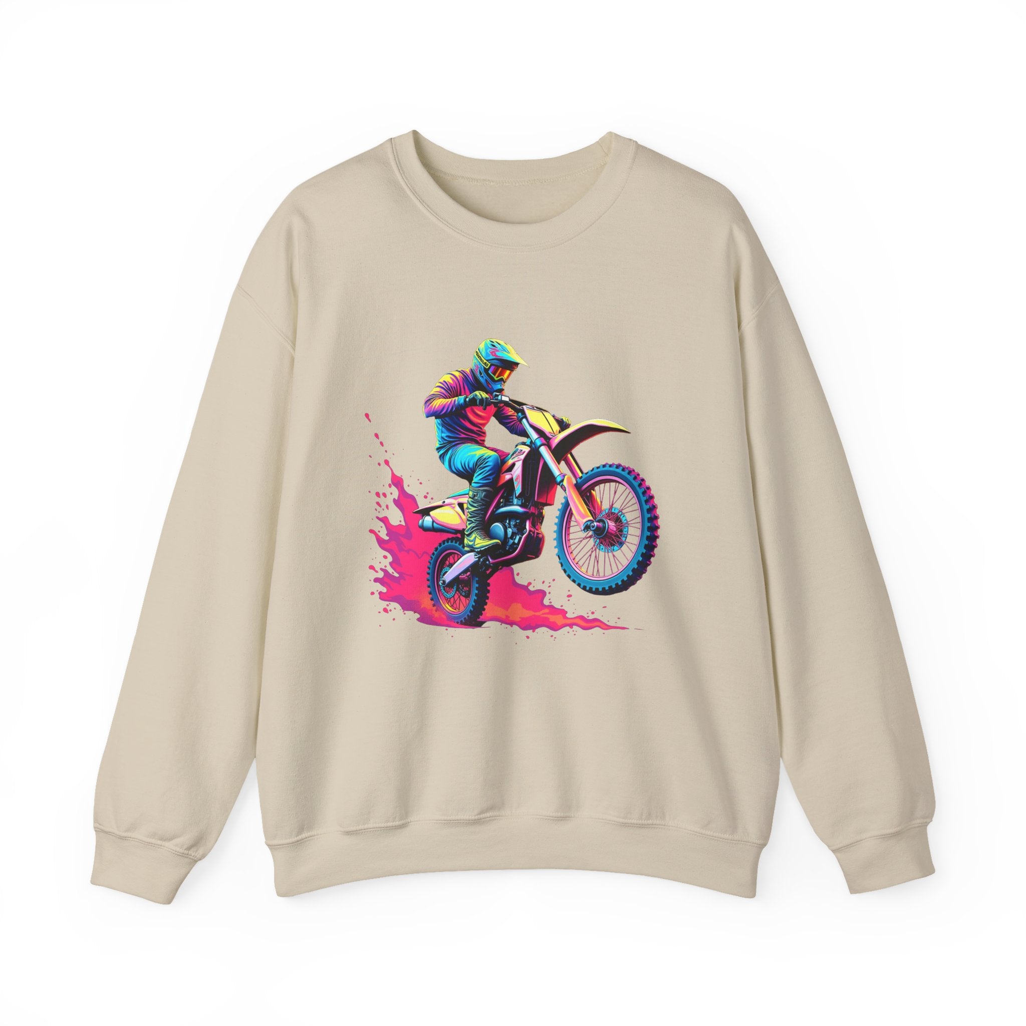 Beige sweatshirt with a graphic of a person on a motorcycle and colorful splashes on a white background