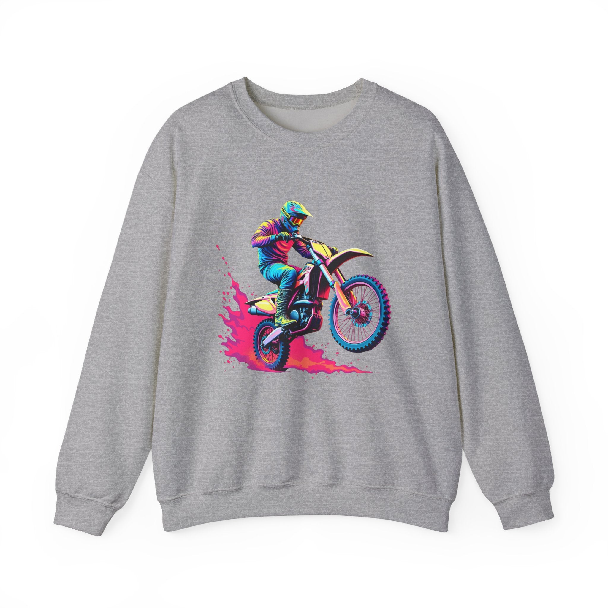 Gray sweatshirt with a colorful graphic of a motocross rider on a bike