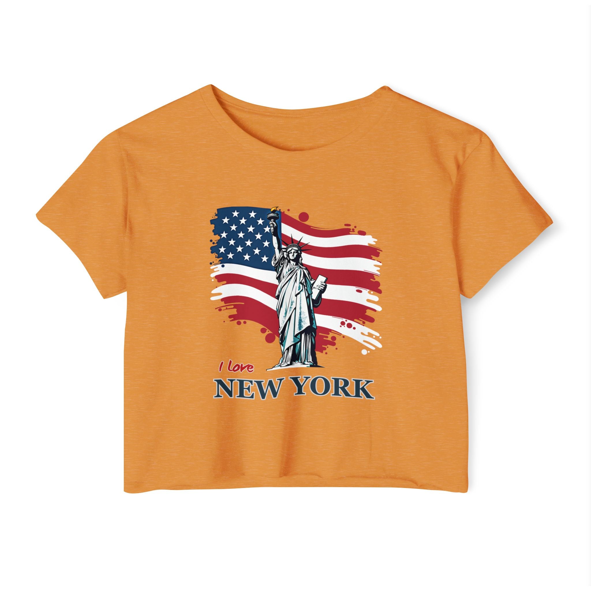 Orange t-shirt with Statue of Liberty and American flag design on a white background