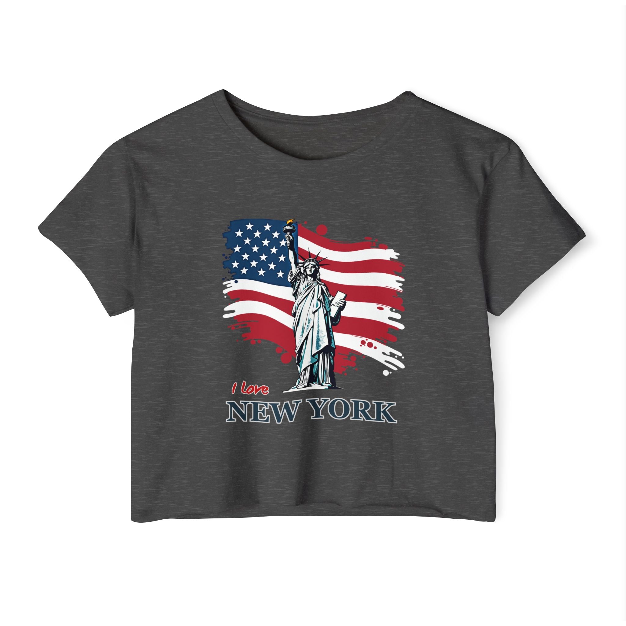 Dark gray t-shirt with Statue of Liberty and American flag design on a white background