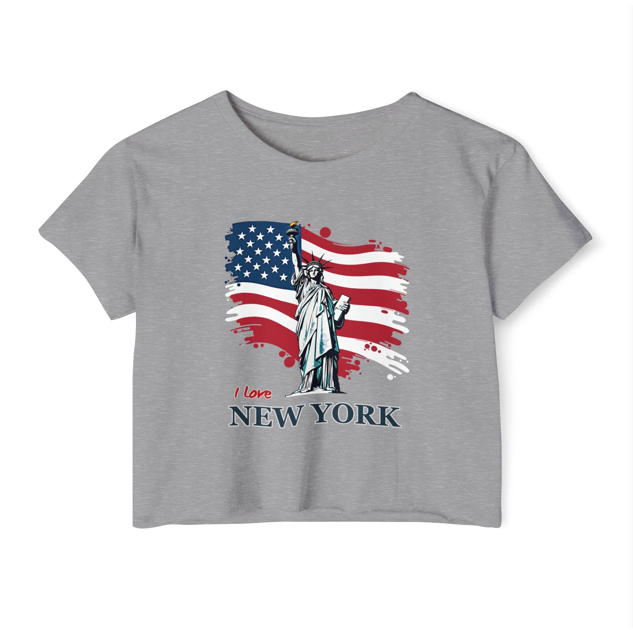Gray t-shirt with American flag and Statue of Liberty graphic on a white background