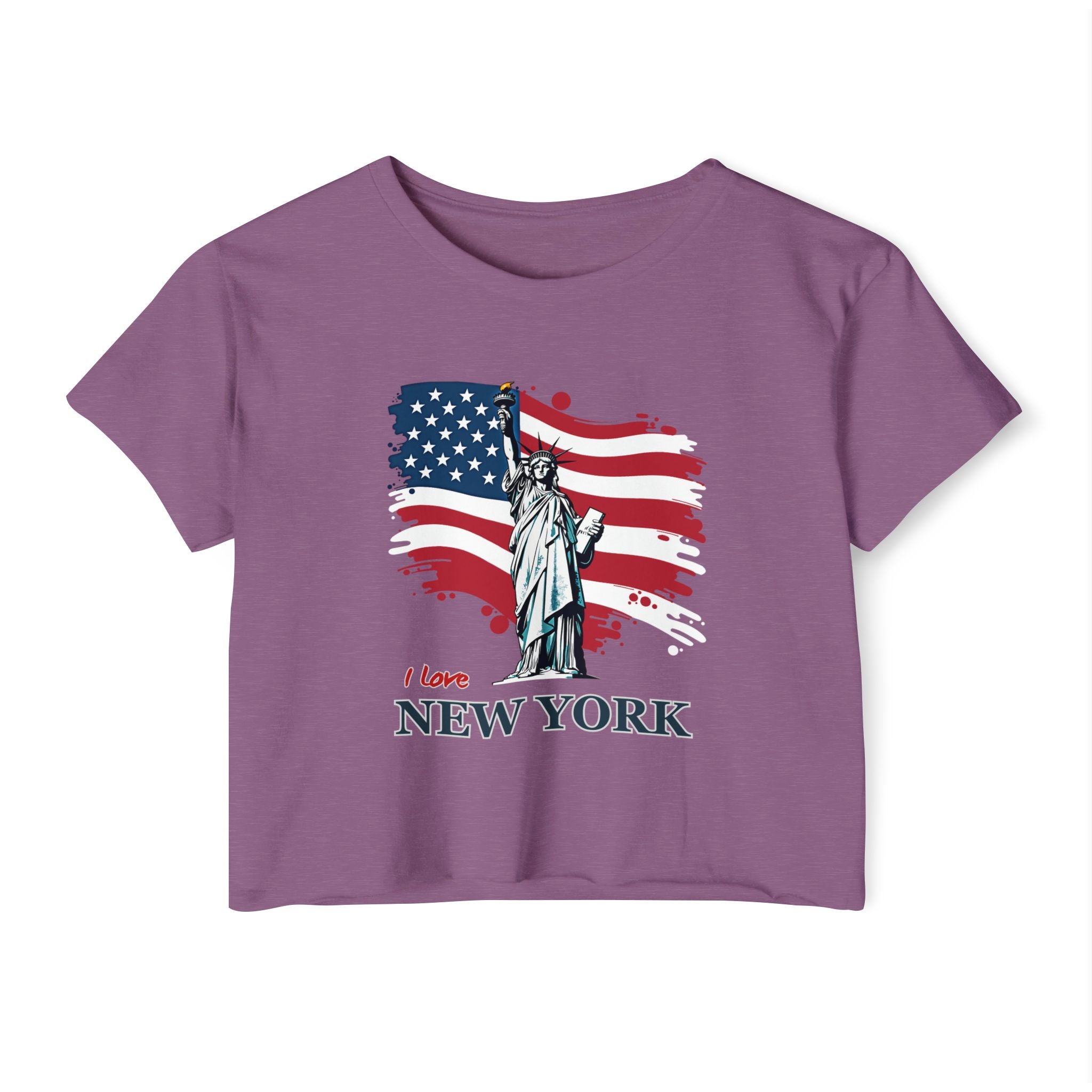 Purple t-shirt with American flag and Statue of Liberty graphic on a white background