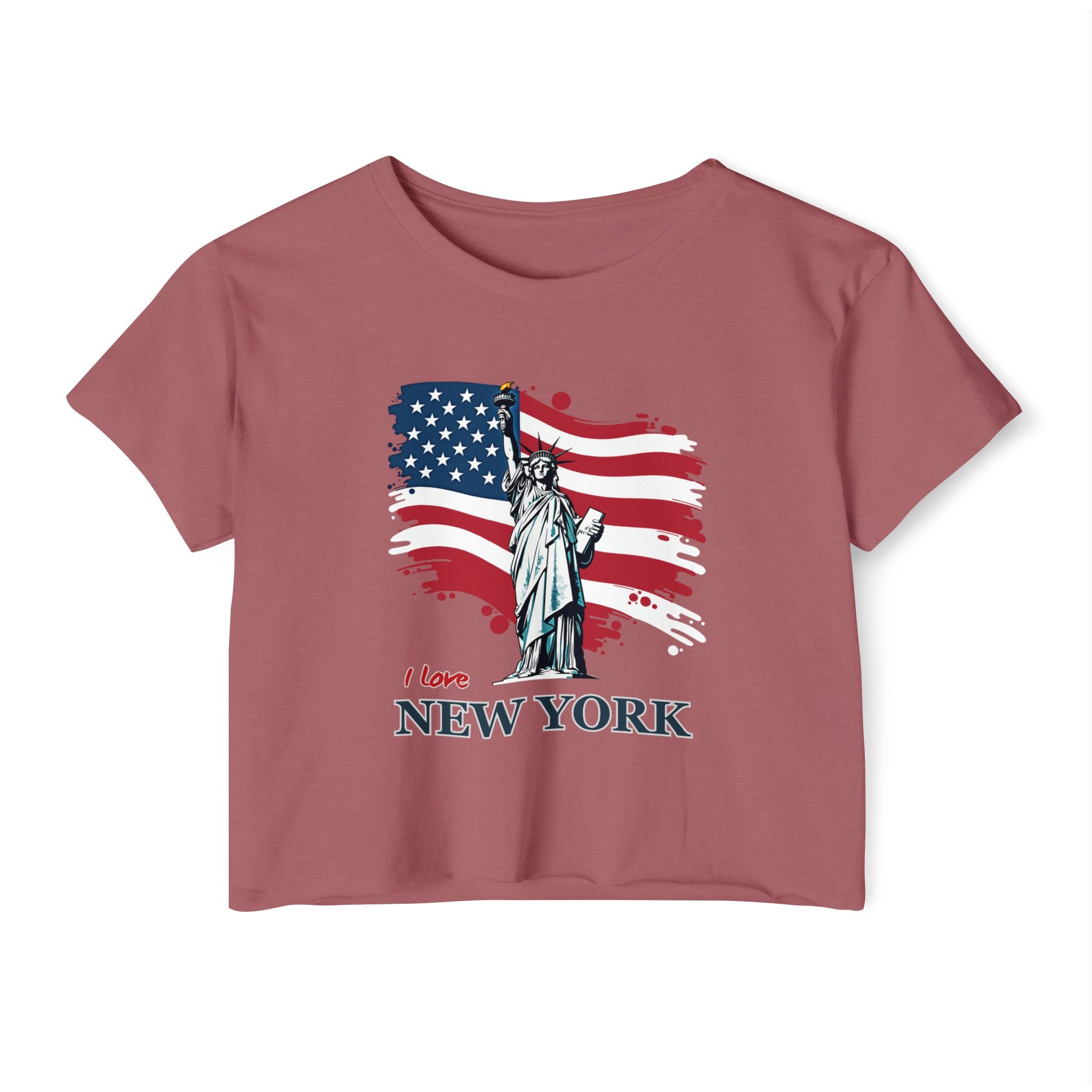 T-shirt with American flag and Statue of Liberty design on a white background