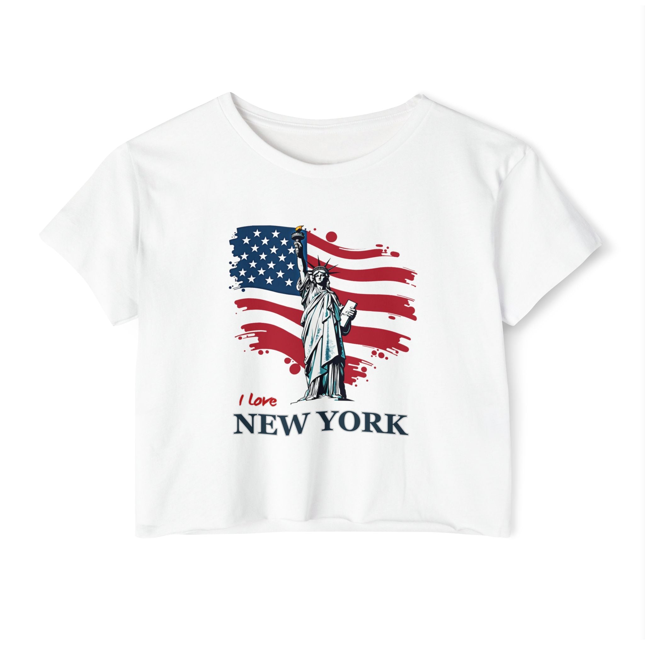 White t-shirt with Statue of Liberty and American flag design on a white background