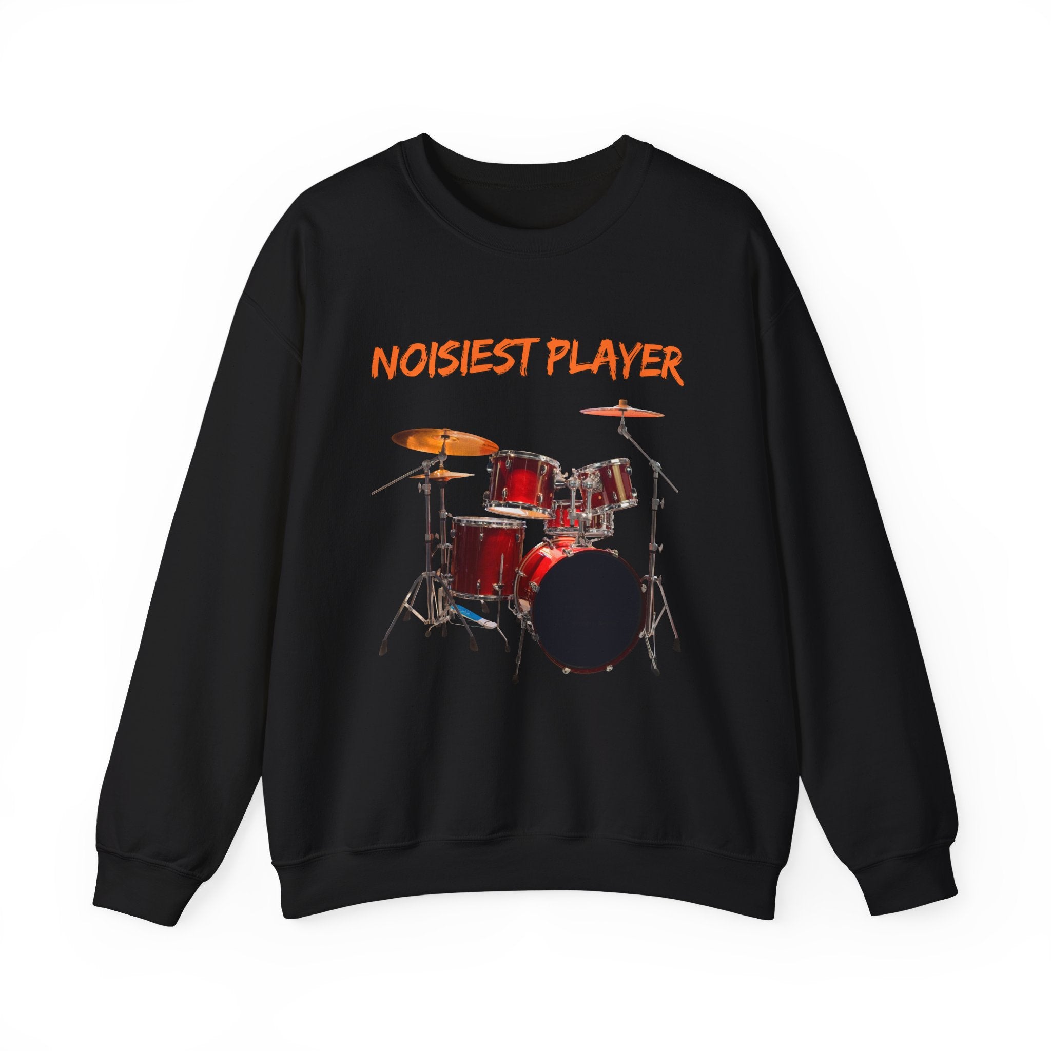 Black sweatshirt featuring drum set with noisiest player text on a with background