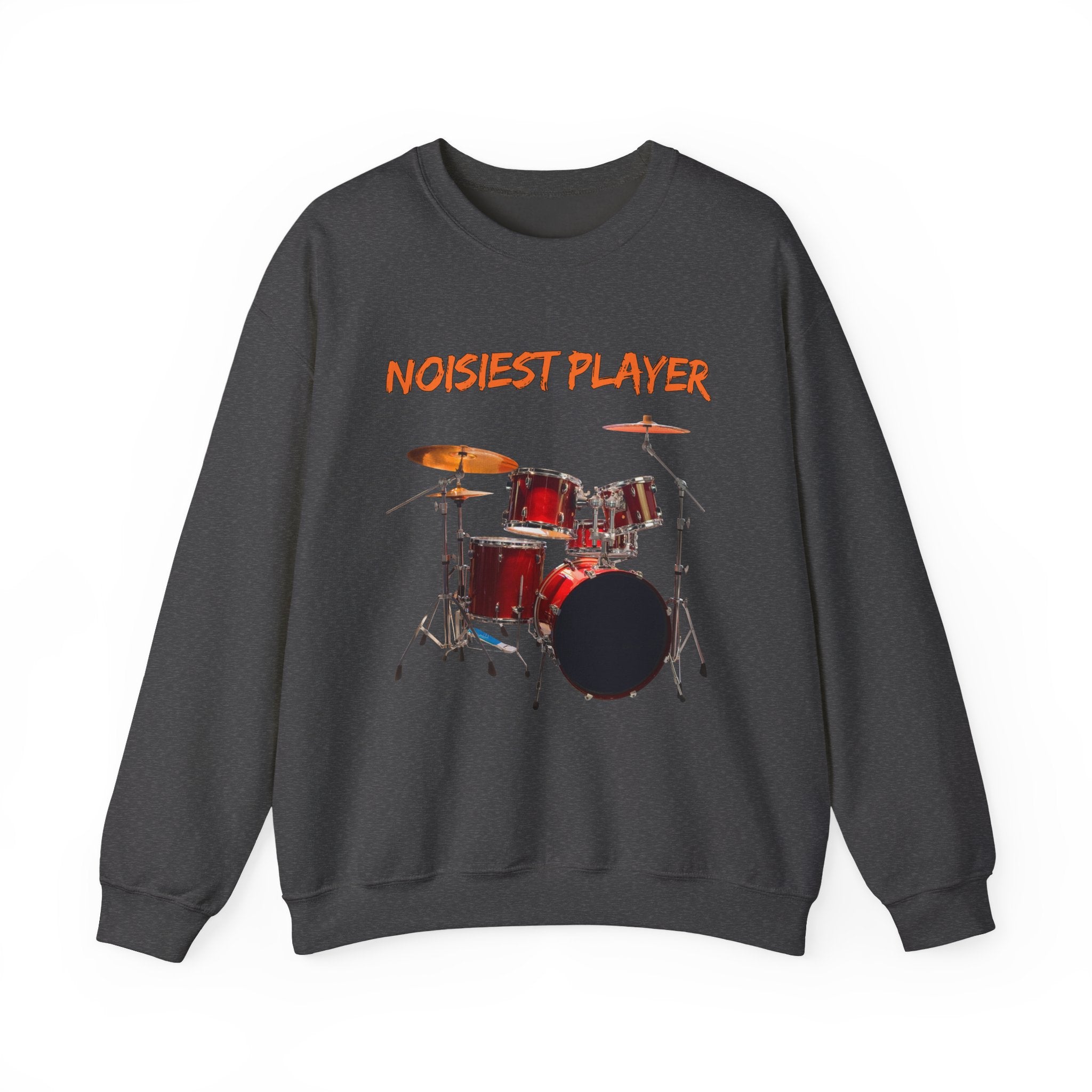 Dark heather gray sweatshirt with drum set graphic and 'NOISIEST PLAYER' text on a white background