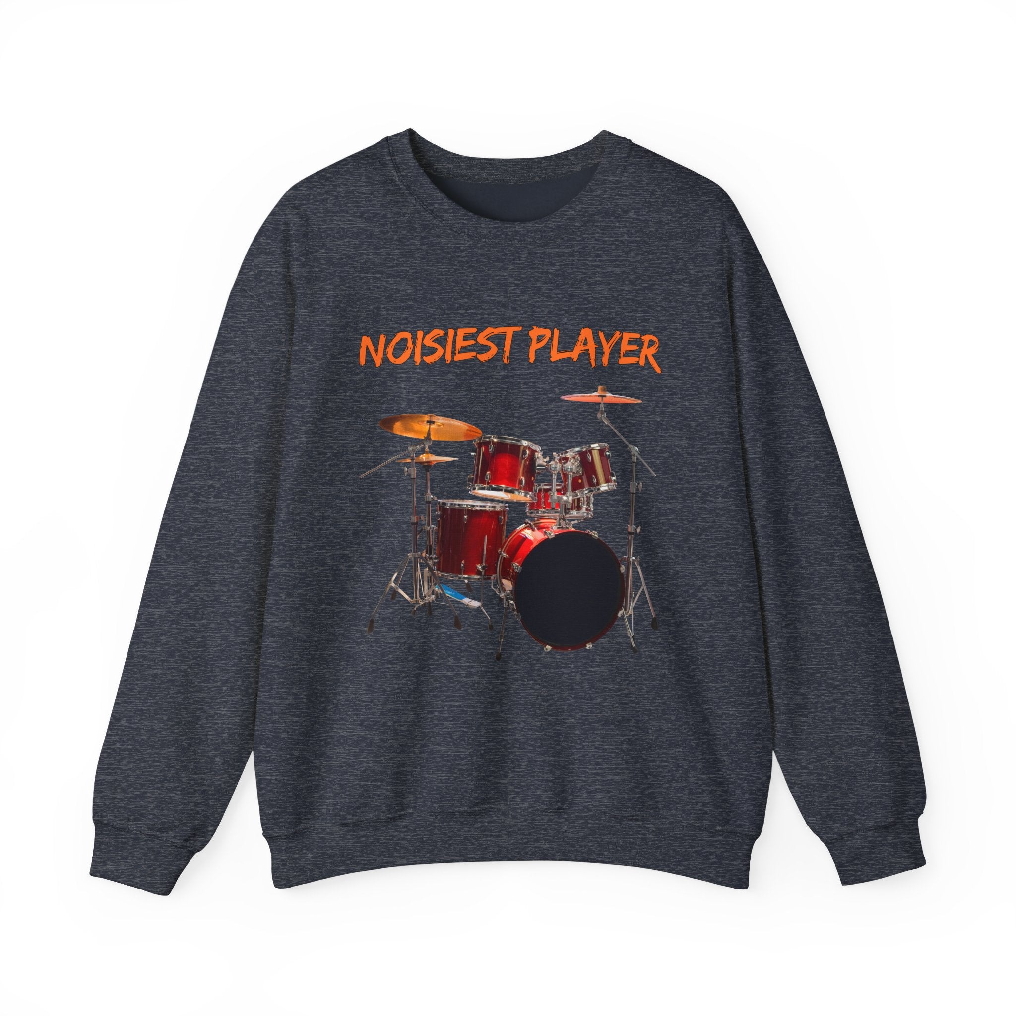 Heather sport dark navy gray sweatshirt with a drum set graphic and 'Noisiest Player' text on a white background