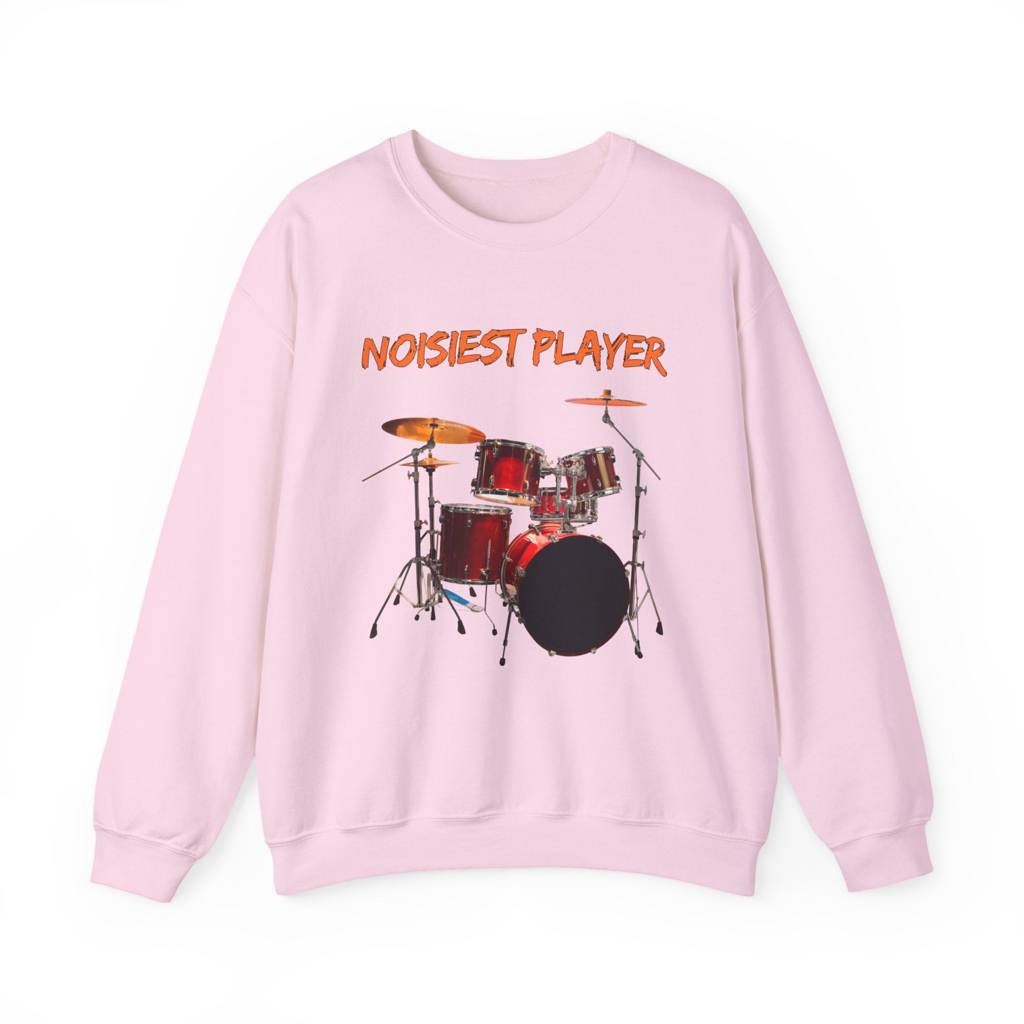Light pink sweatshirt with drum set graphic and 'NOISIEST PLAYER' text on a white background