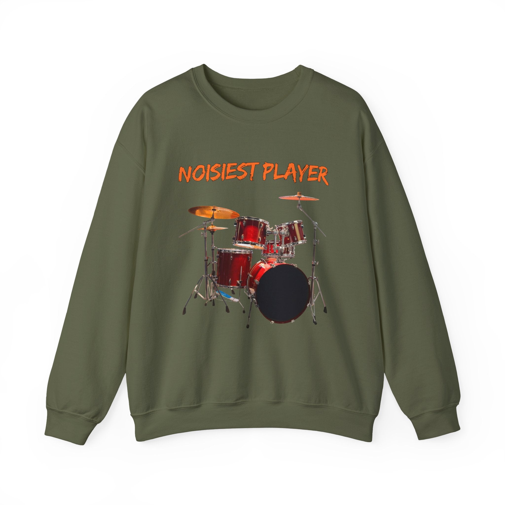 Military green sweatshirt with drum set graphic and 'NOISIEST PLAYER' text on a white background