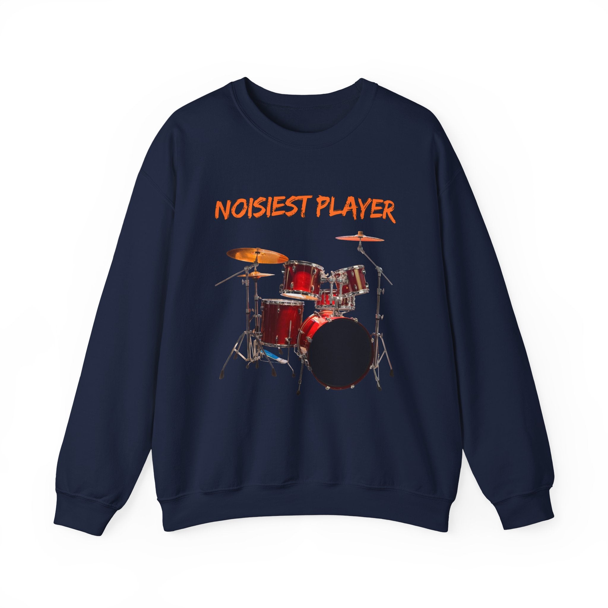 Navy blue sweatshirt with drum set graphic and 'NOISIEST PLAYER' text on a white background
