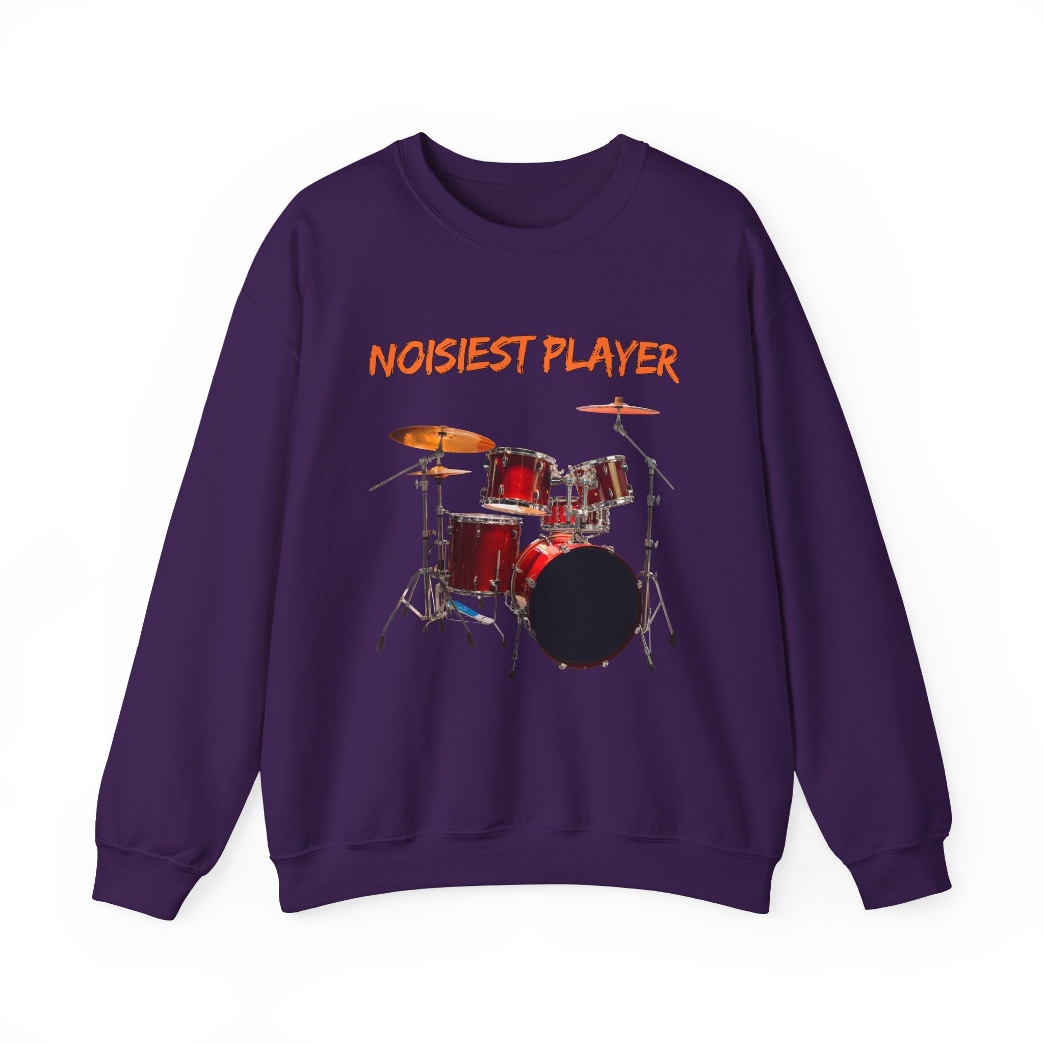 Purple sweatshirt with drum set graphic and 'NOISIEST PLAYER' text on a white background