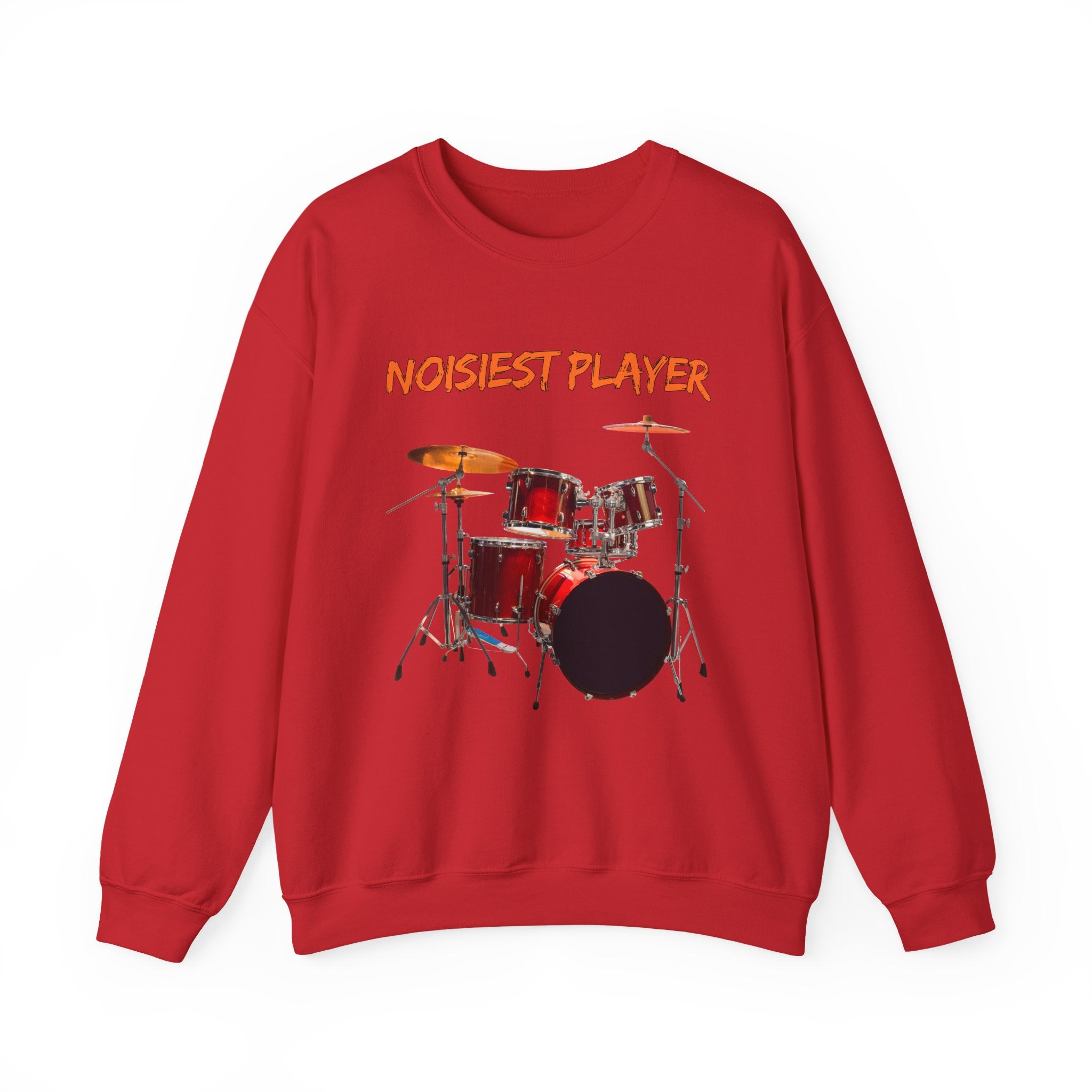 Red sweatshirt with drum set graphic and 'NOISIEST PLAYER' text on a white background