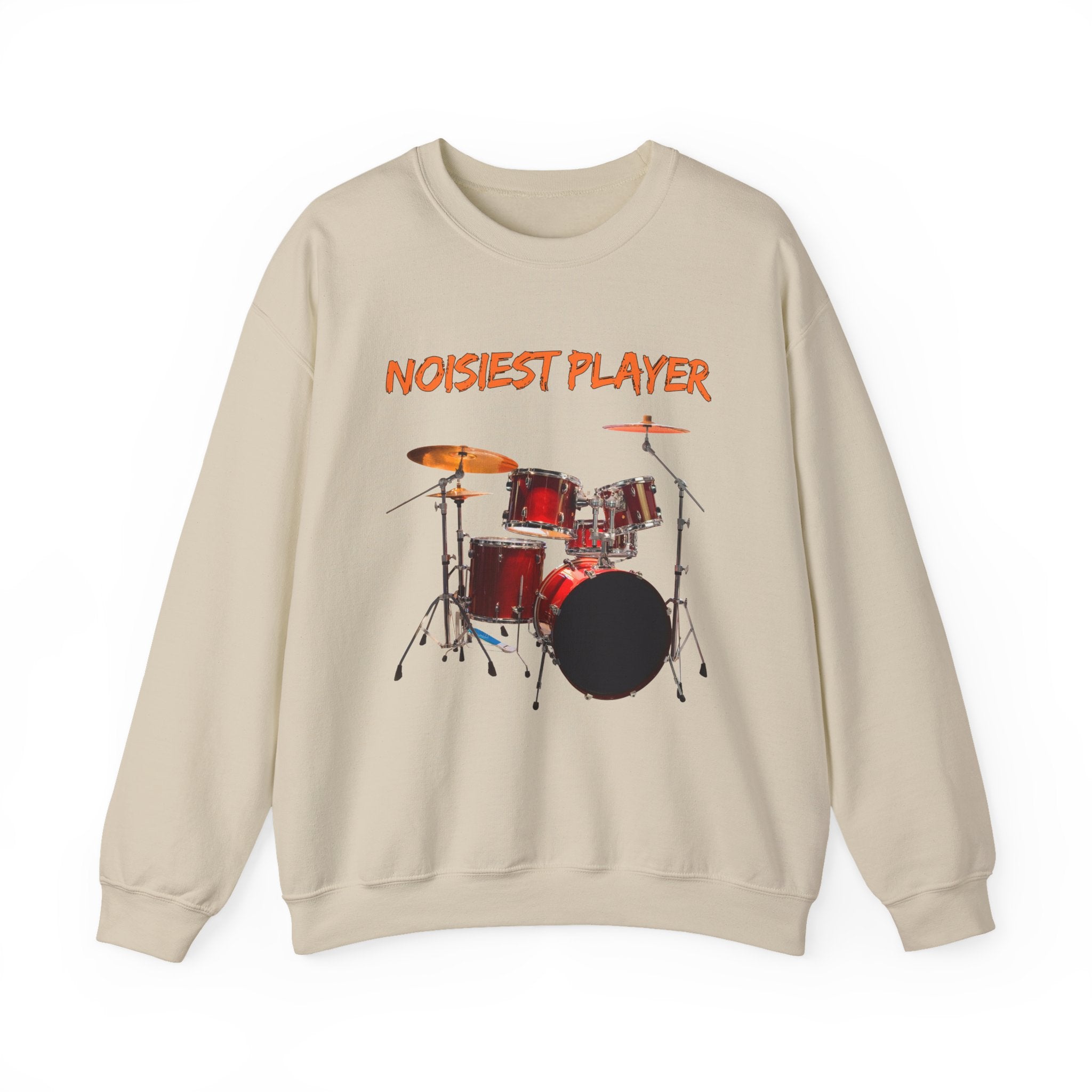 Beige sweatshirt with drum set graphic and 'Noisiest Player' text on a white background