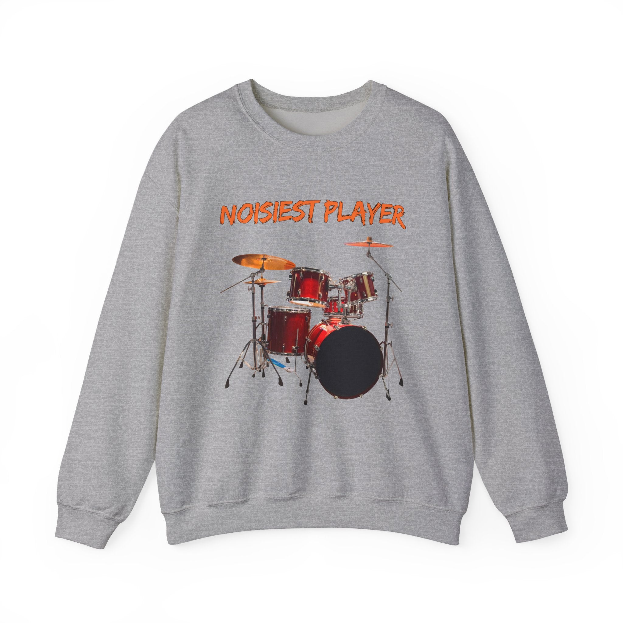 Gray sweatshirt with drum set graphic and 'NOISIEST PLAYER' text on a white background
