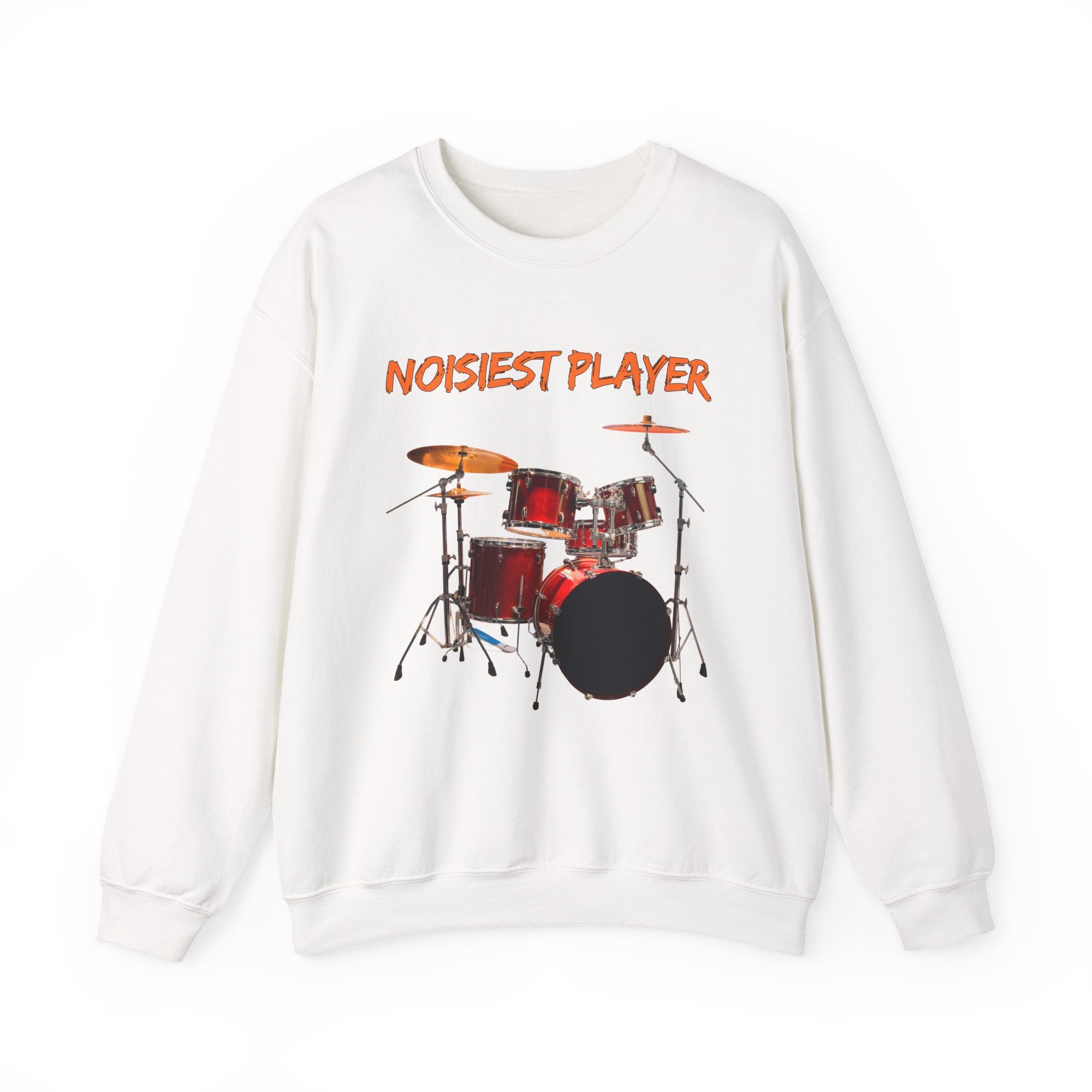 White sweatshirt with drum set graphic and 'NOISIEST PLAYER' text on a white background