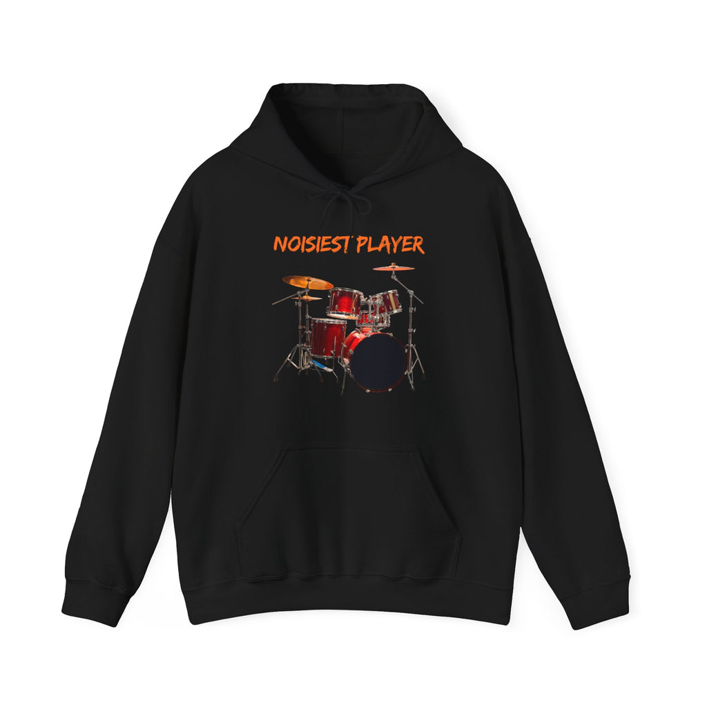 Black hoodie with drum set graphic and 'NOISIEST PLAYER' text on a white background