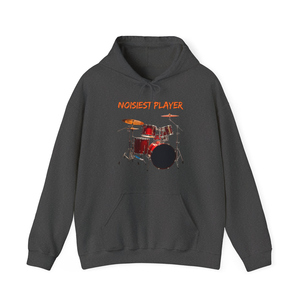 Gray hoodie with drum set graphic and 'Noisiest Player' text on a white background