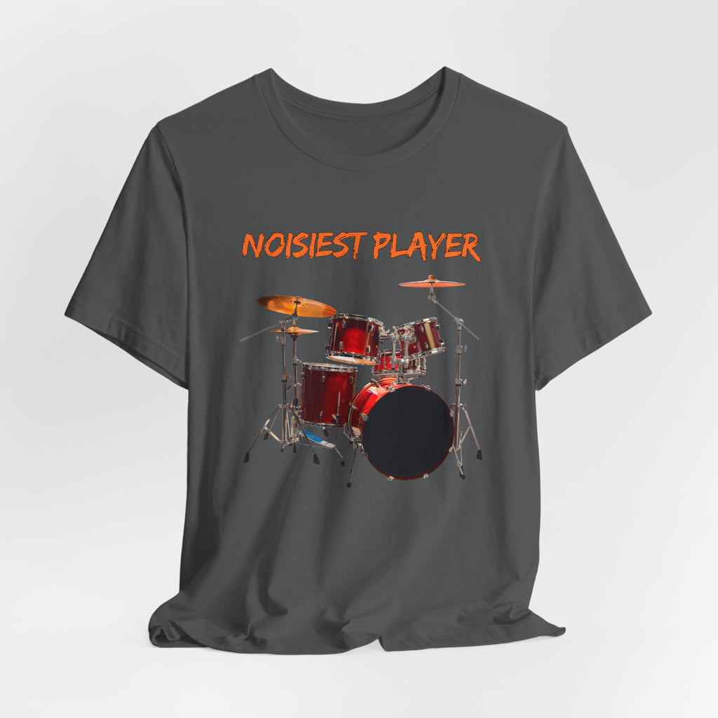 Asphalt gray t-shirt with a drum set graphic and 'NOISIEST PLAYER' text on a white background