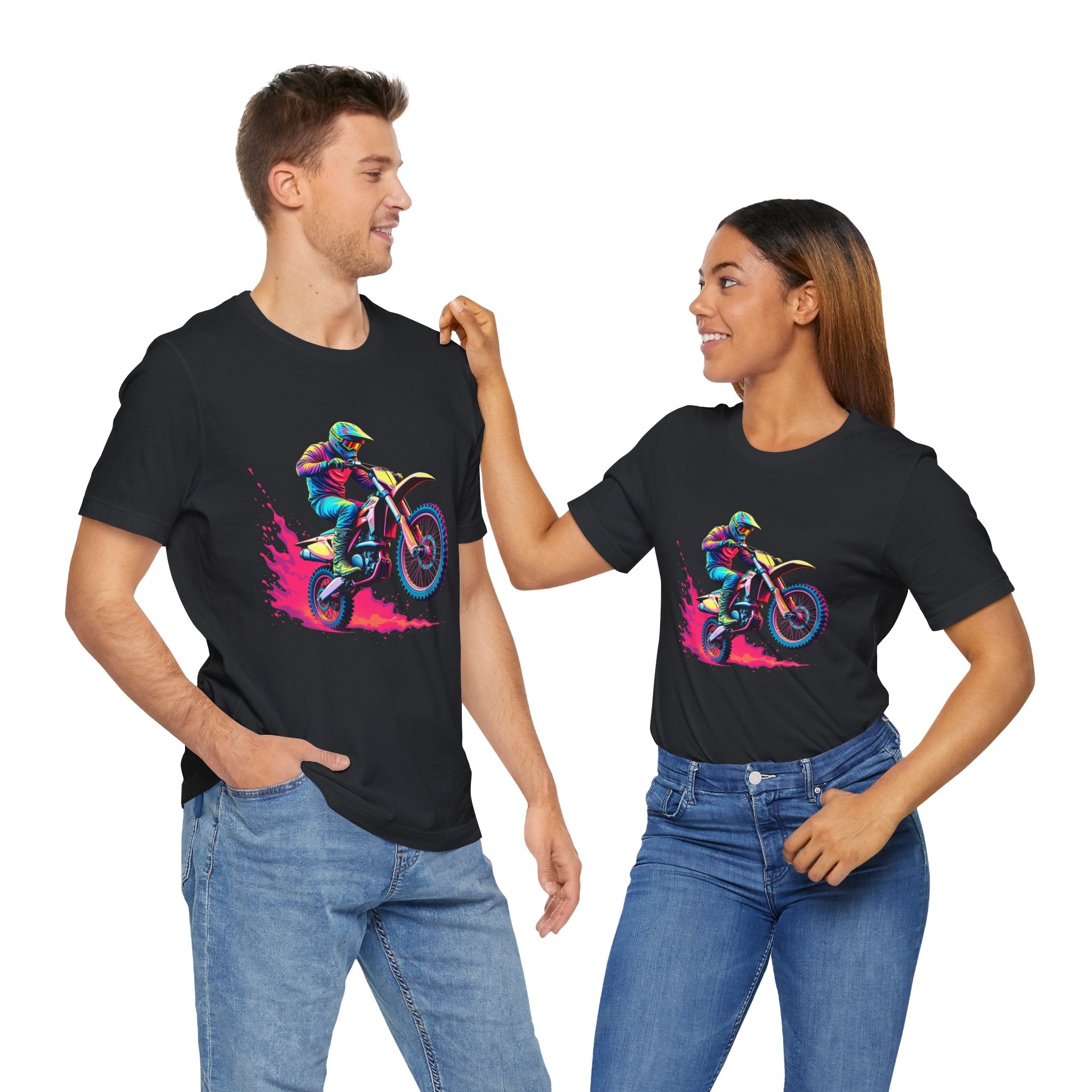 Two people wearing black t-shirts with a colorful graphic of a person on a motorcycle, standing side by side against a white background.