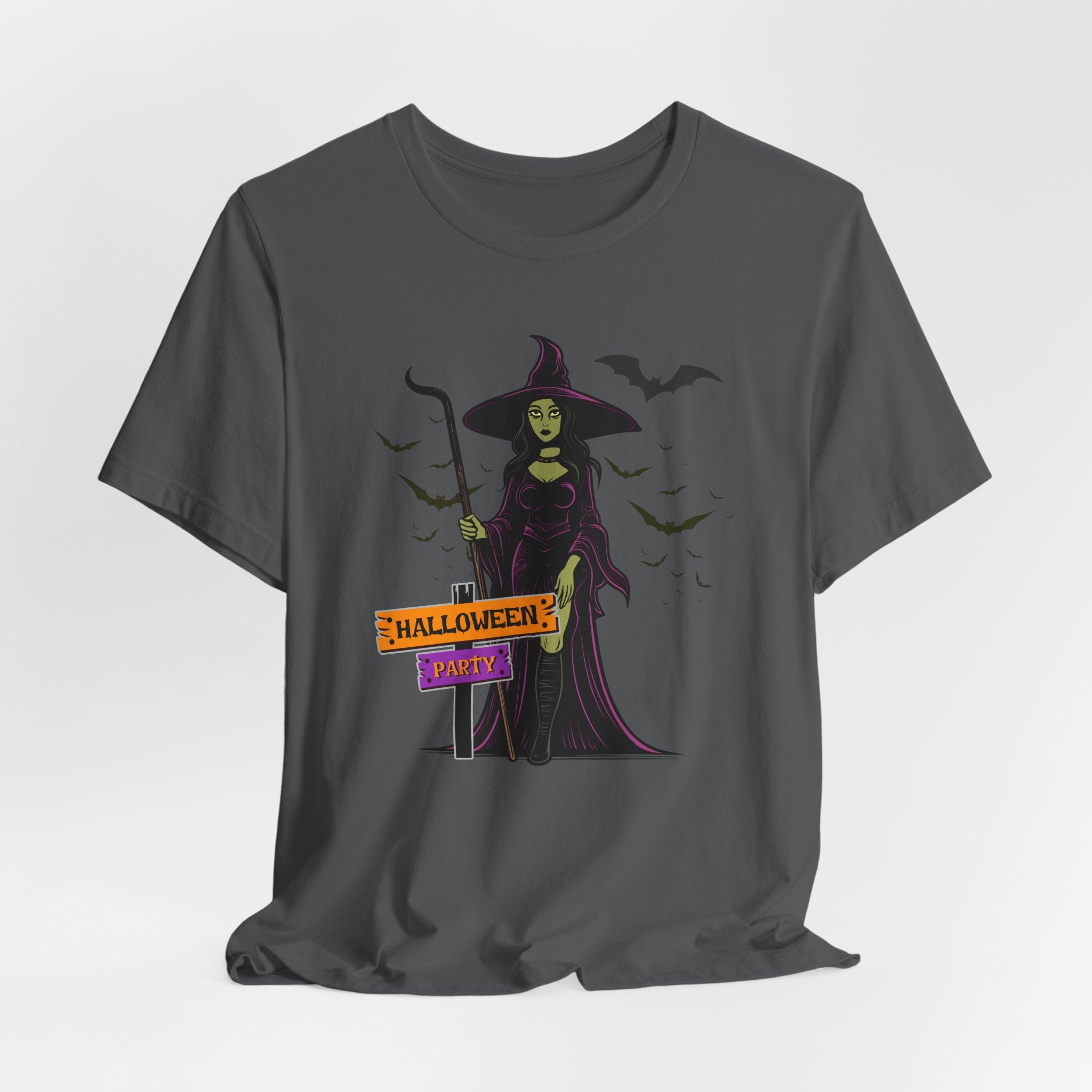 Asphalt gray t-shirt with a witch graphic and 'Halloween Party' text on a white background