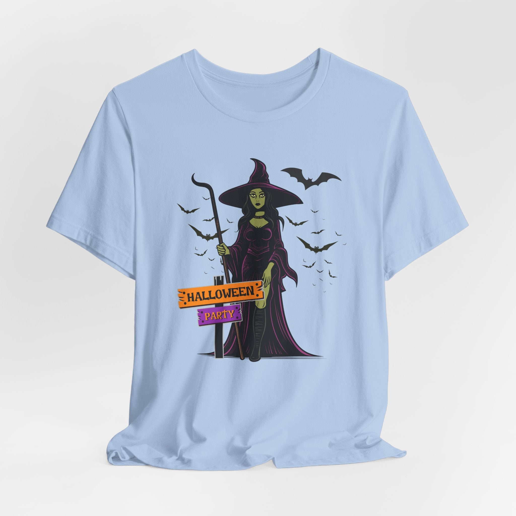 Light blue t-shirt with a Halloween-themed design featuring a witch and bats on a white background.