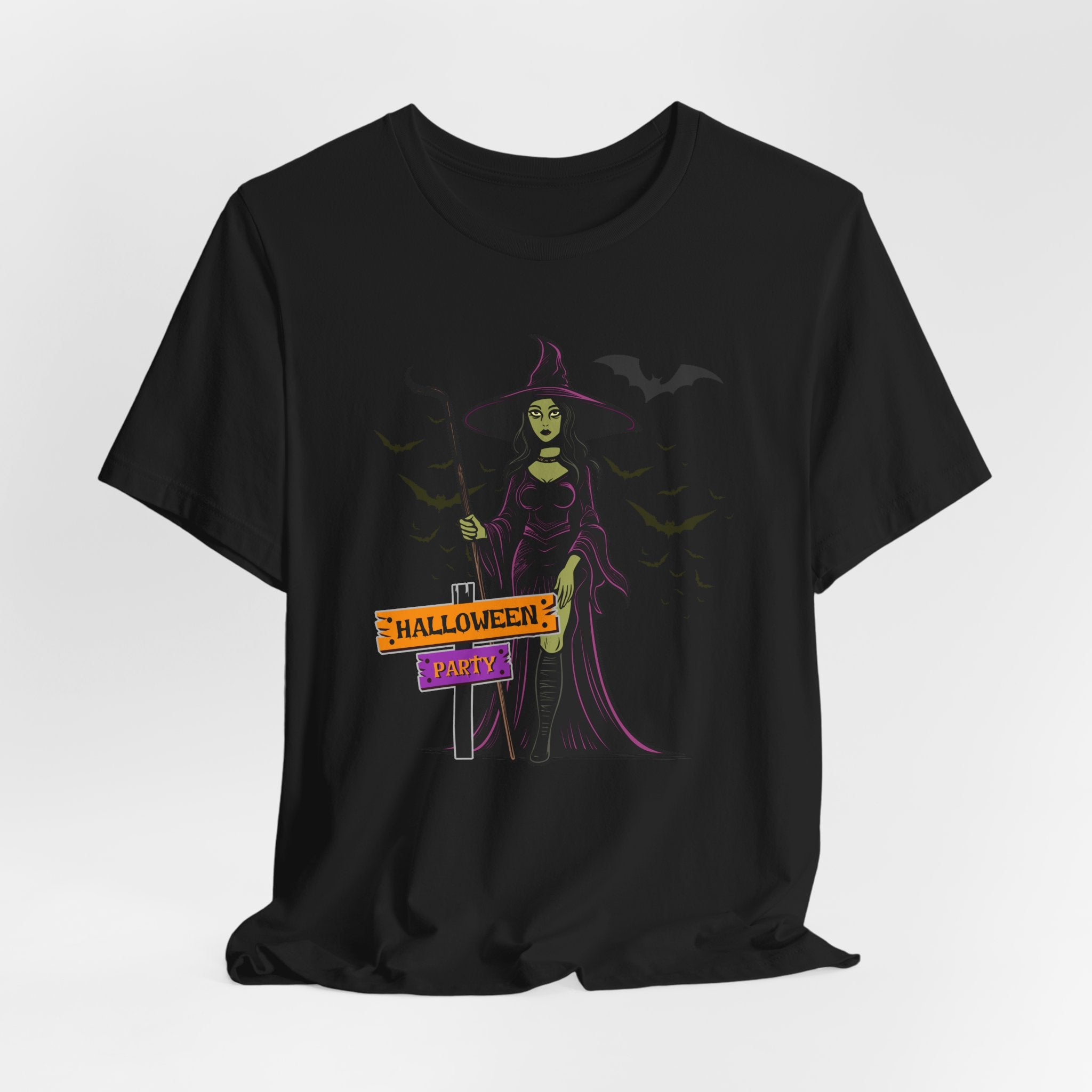 Black t-shirt with Halloween-themed design featuring a witch and text on a white background
