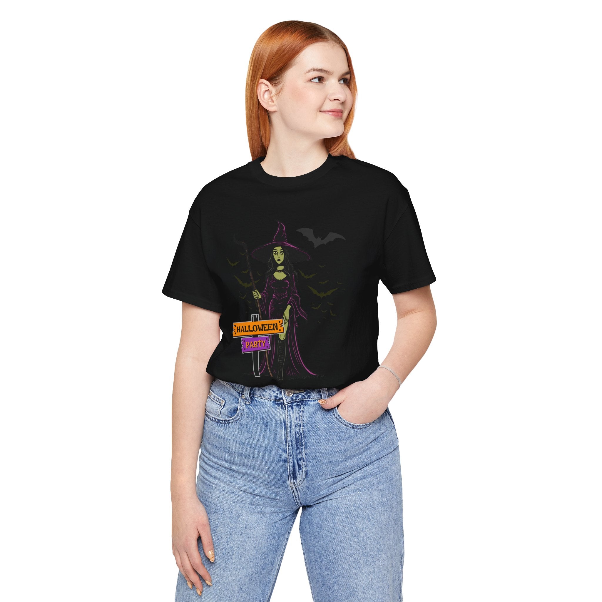 Person wearing a black t-shirt with a graphic design on a white background