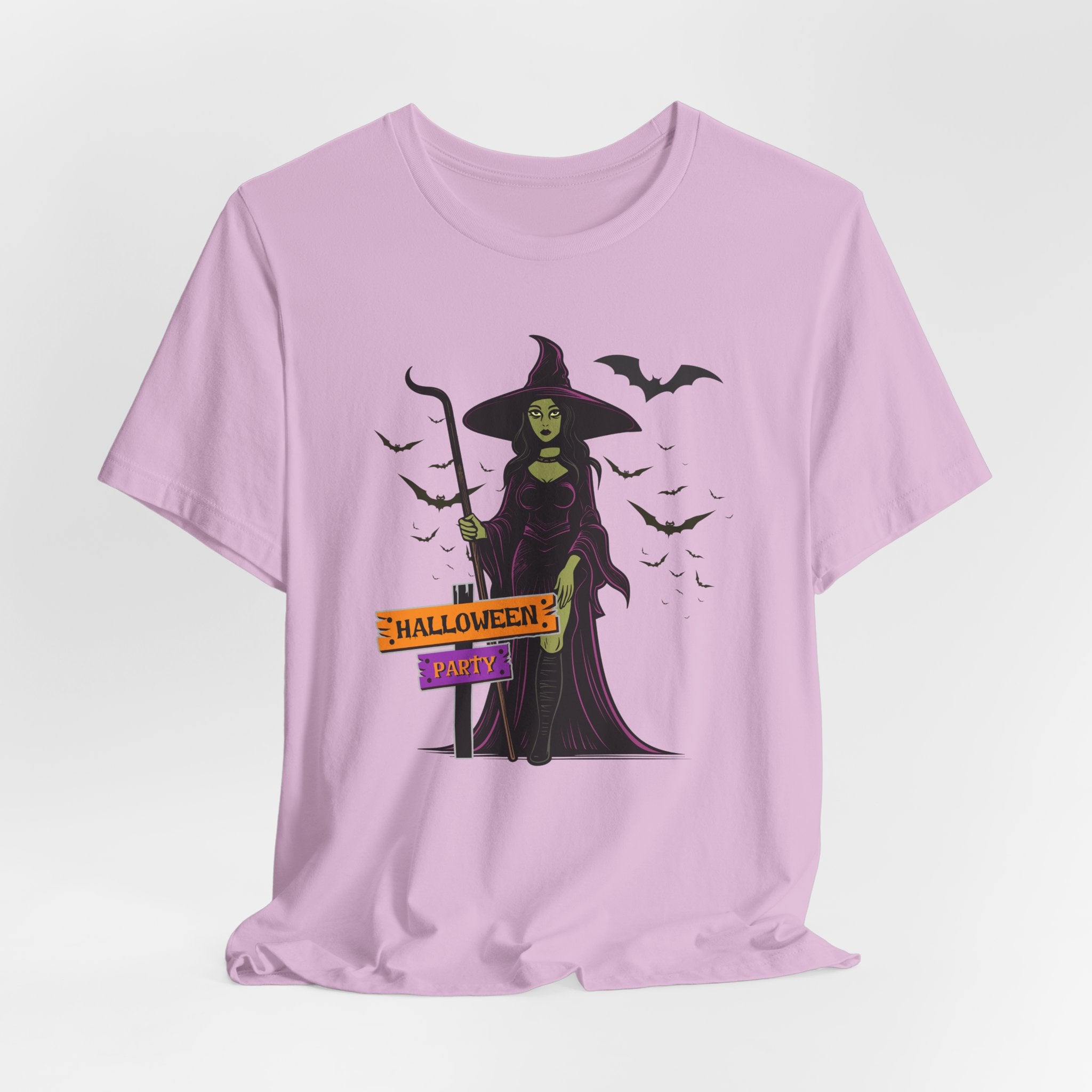 Lilac pink t-shirt with a witch graphic and 'Halloween Party' text on a white background
