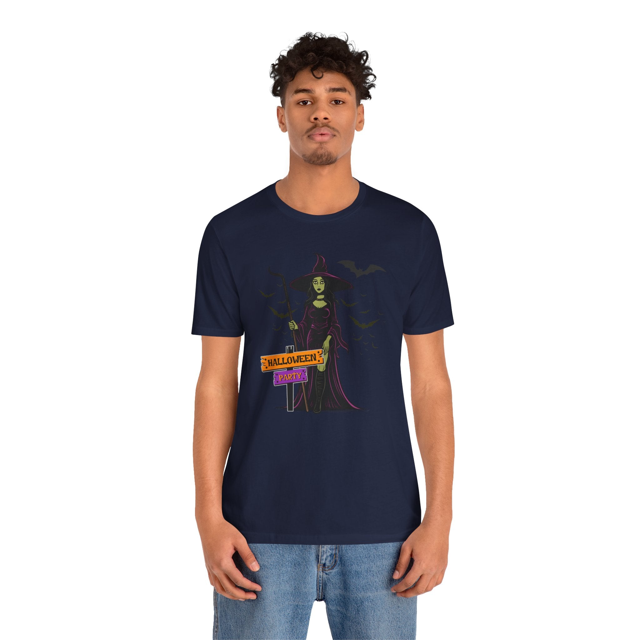 Person wearing a navy blue t-shirt with a graphic design on a white background