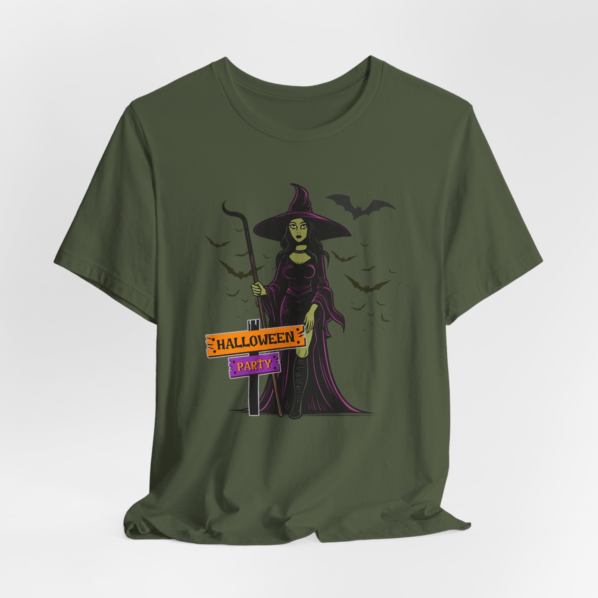 Military green t-shirt with a witch graphic and 'Halloween Party' text on a white background