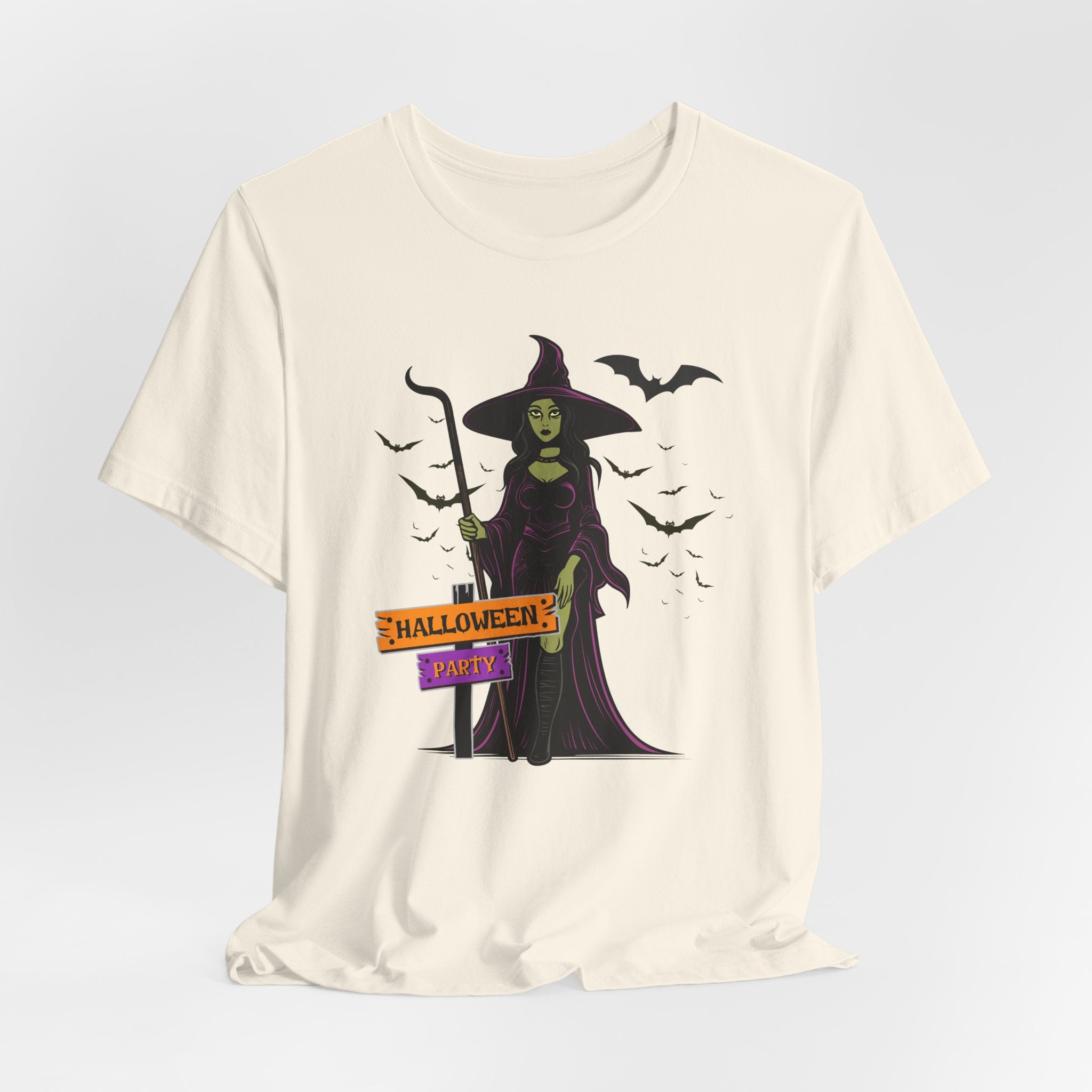 Natural beige t-shirt with Halloween-themed design featuring a witch and bats on a white background