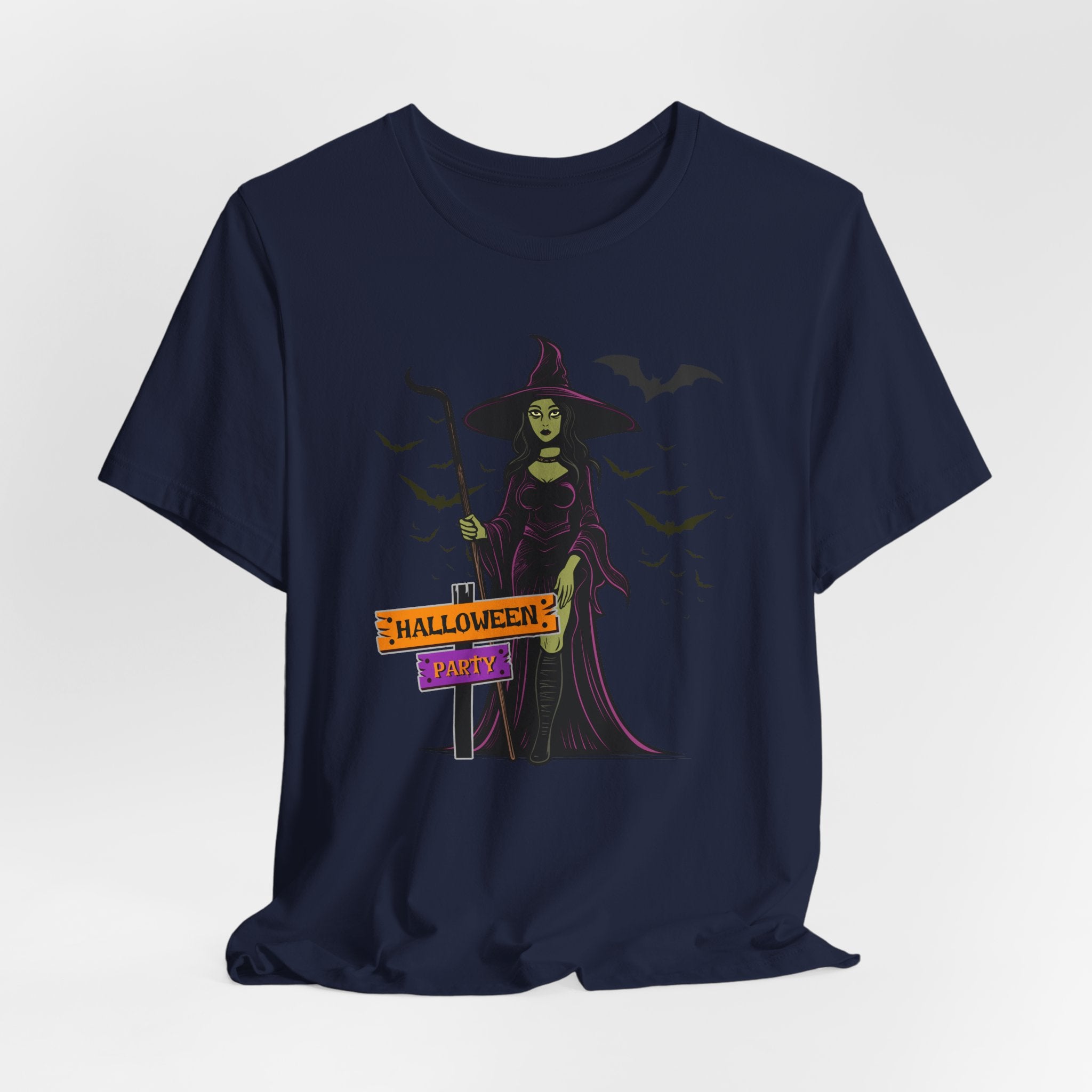 Navy blue t-shirt with Halloween-themed design featuring a witch and 'Halloween Party' text on a white background.